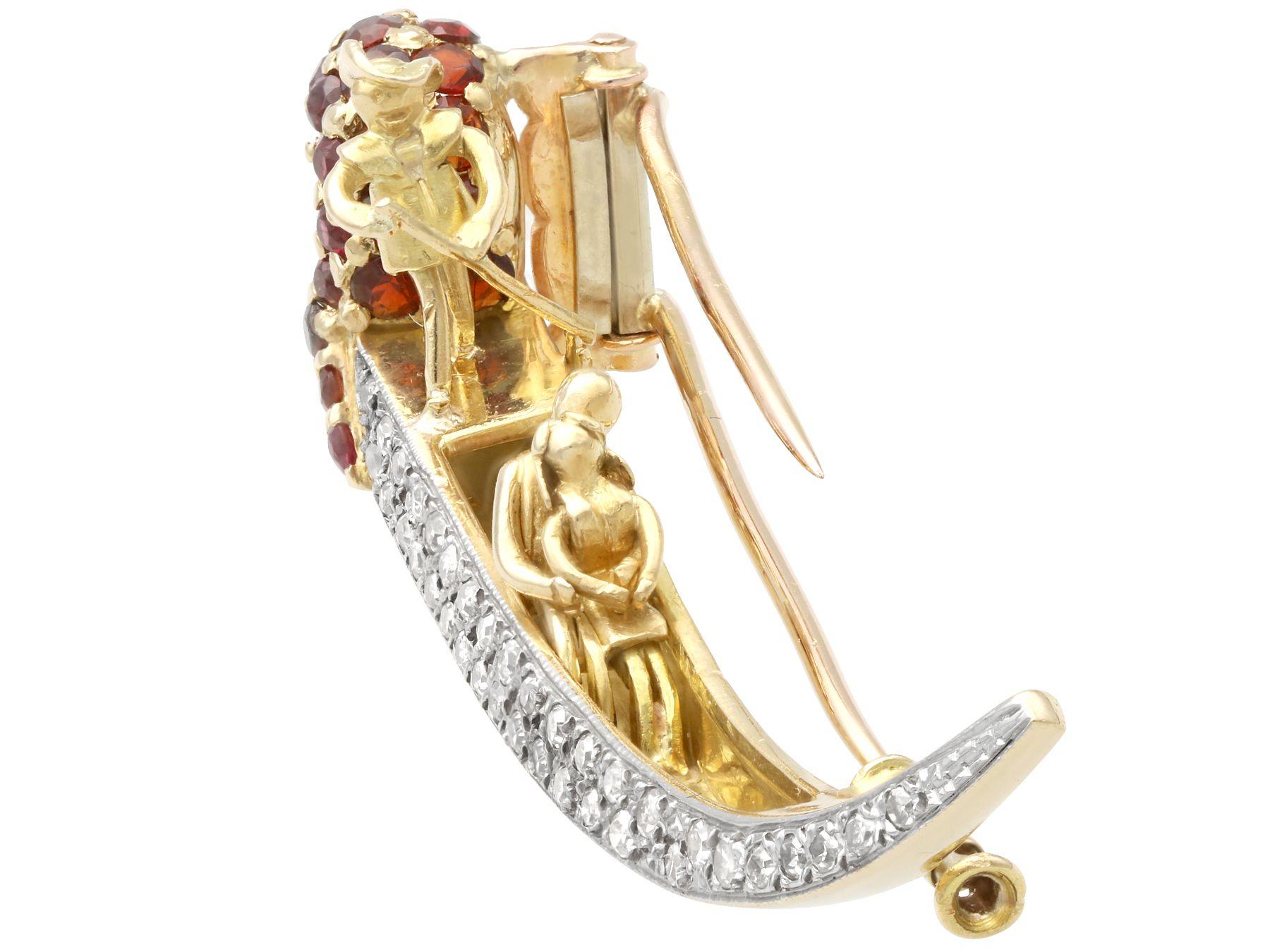 A fine and impressive 0.88 carat diamond, 0.84 carat garnet and 0.02 carat ruby, 18 karat yellow gold and 18 karat white gold set brooch in the form of a gondola; part of our diverse gemstone jewelry collections.

This fine and impressive vintage