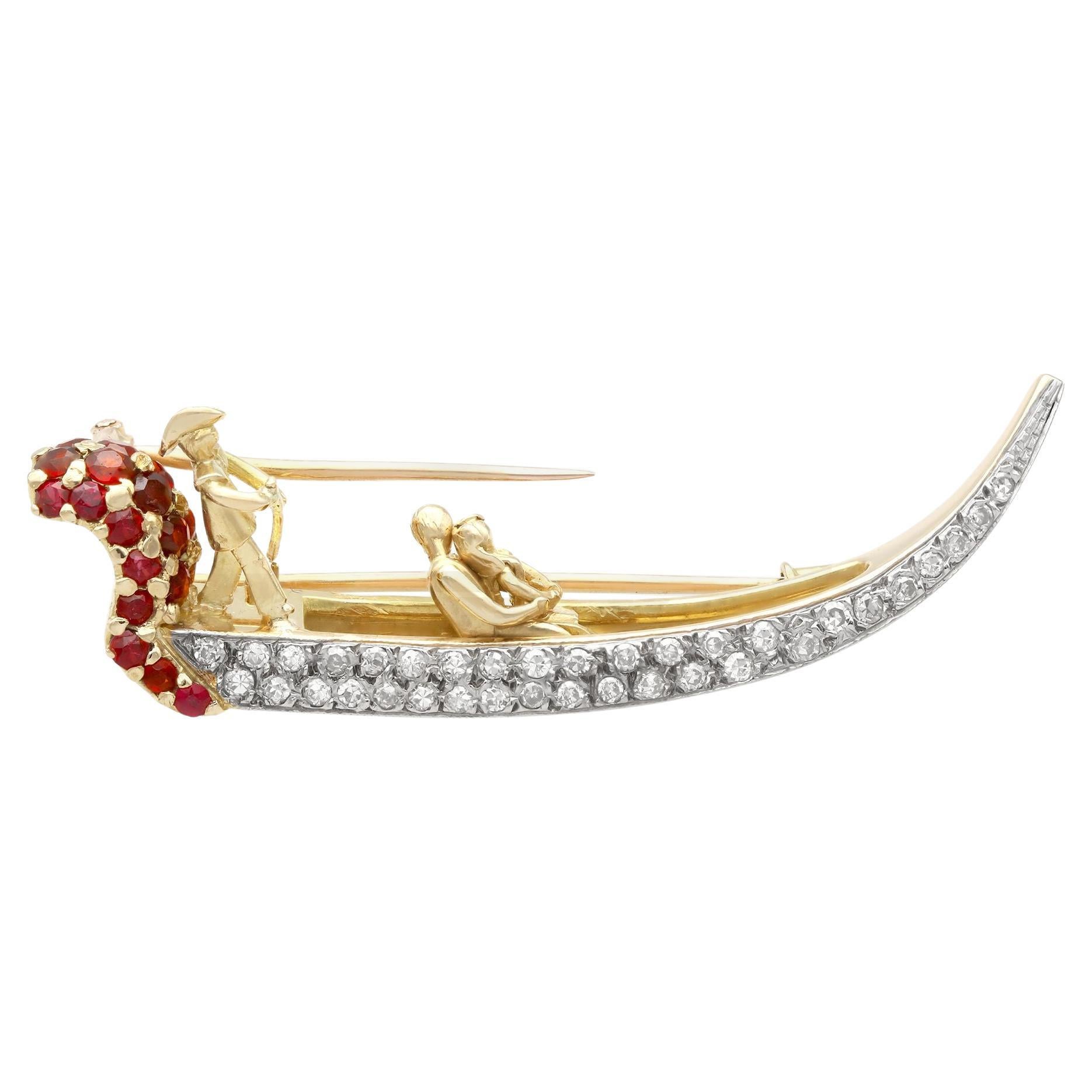 Vintage Diamond, Garnet and Ruby, Yellow Gold Gondola Brooch Circa 1950 For Sale