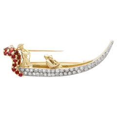 Vintage Diamond, Garnet and Ruby, Yellow Gold Gondola Brooch Circa 1950