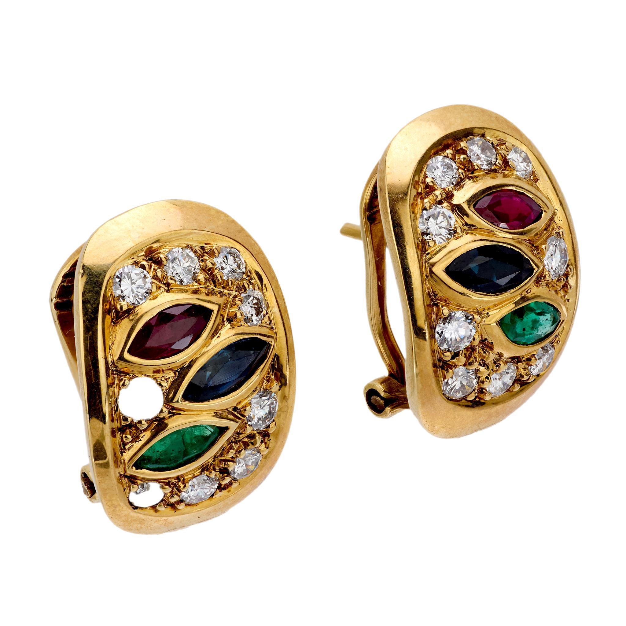 Ohrringe aus 14 Karat Gelbgold mit Diamanten und Edelsteinen (Moderne) im Angebot