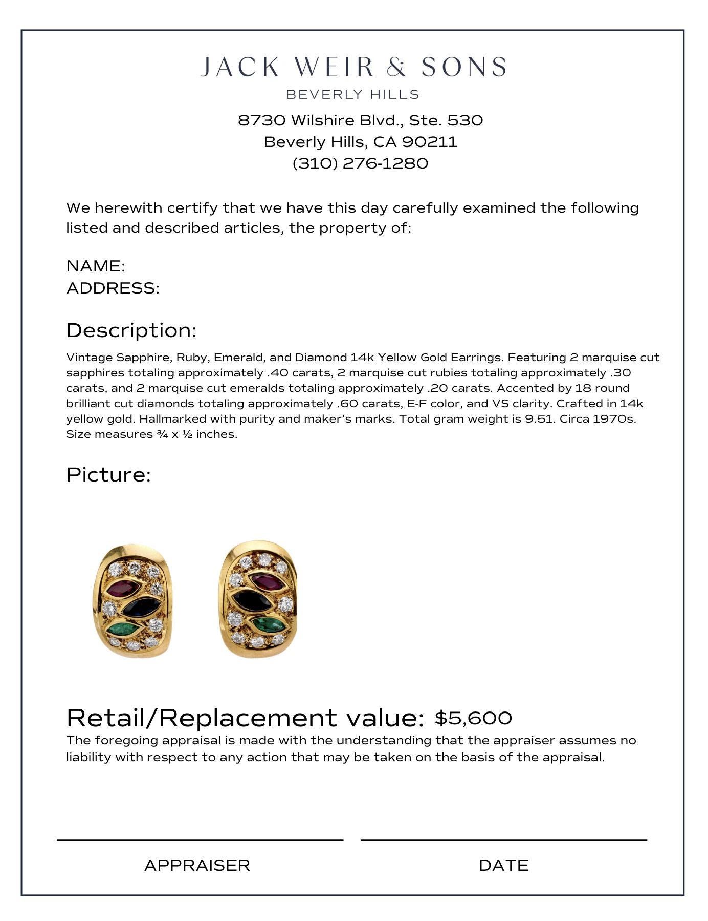 Ohrringe aus 14 Karat Gelbgold mit Diamanten und Edelsteinen (Marquiseschliff) im Angebot