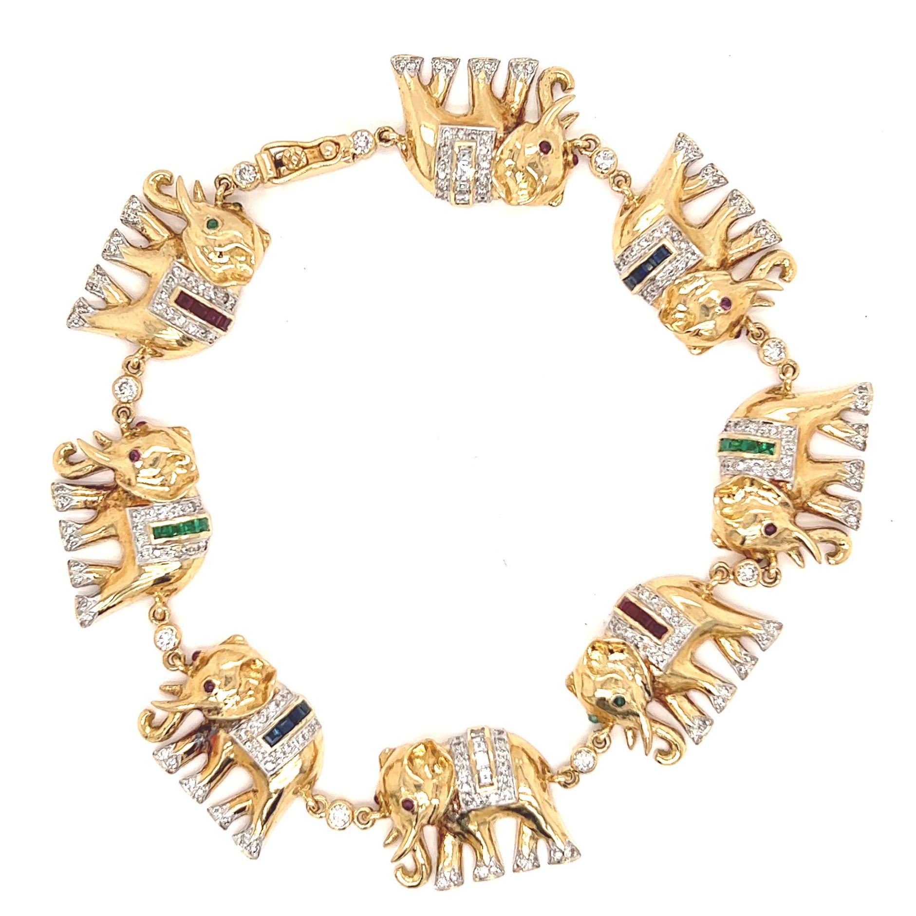 Vintage Diamond Gemstone 18 Karat Yellow Gold Elephant Bracelet In Excellent Condition In Beverly Hills, CA