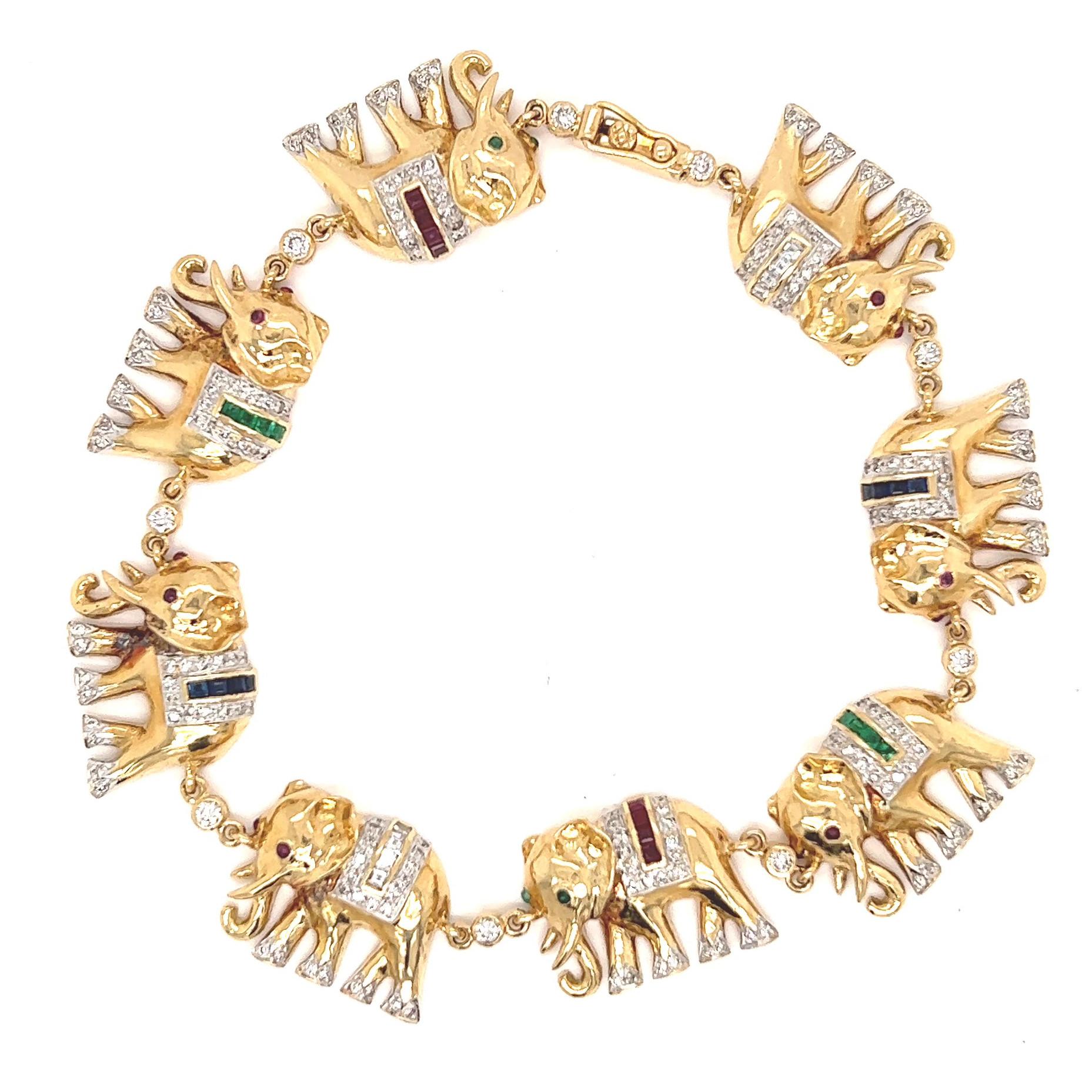 Women's or Men's Vintage Diamond Gemstone 18 Karat Yellow Gold Elephant Bracelet
