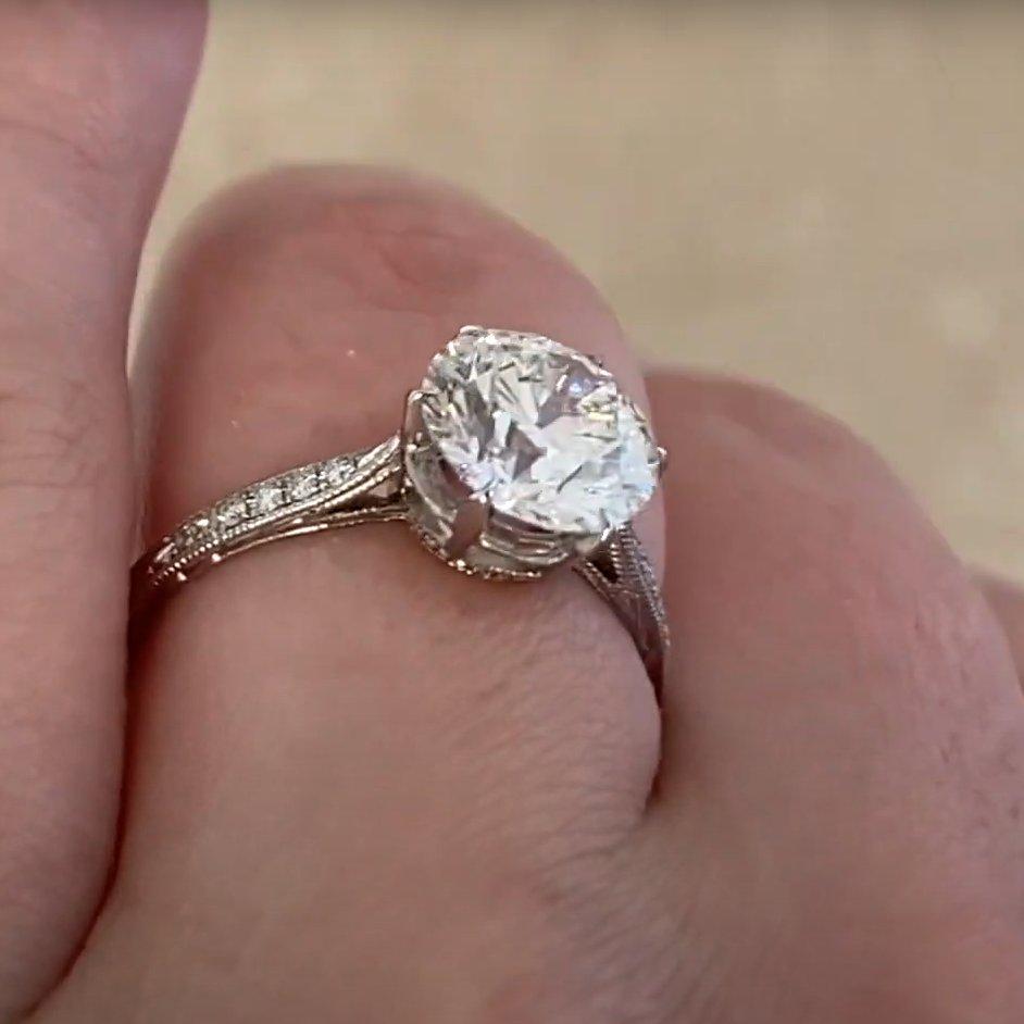 Round Cut Vintage Diamond (GIA Approx 2-Carats) Engraved Ring, Platinum For Sale