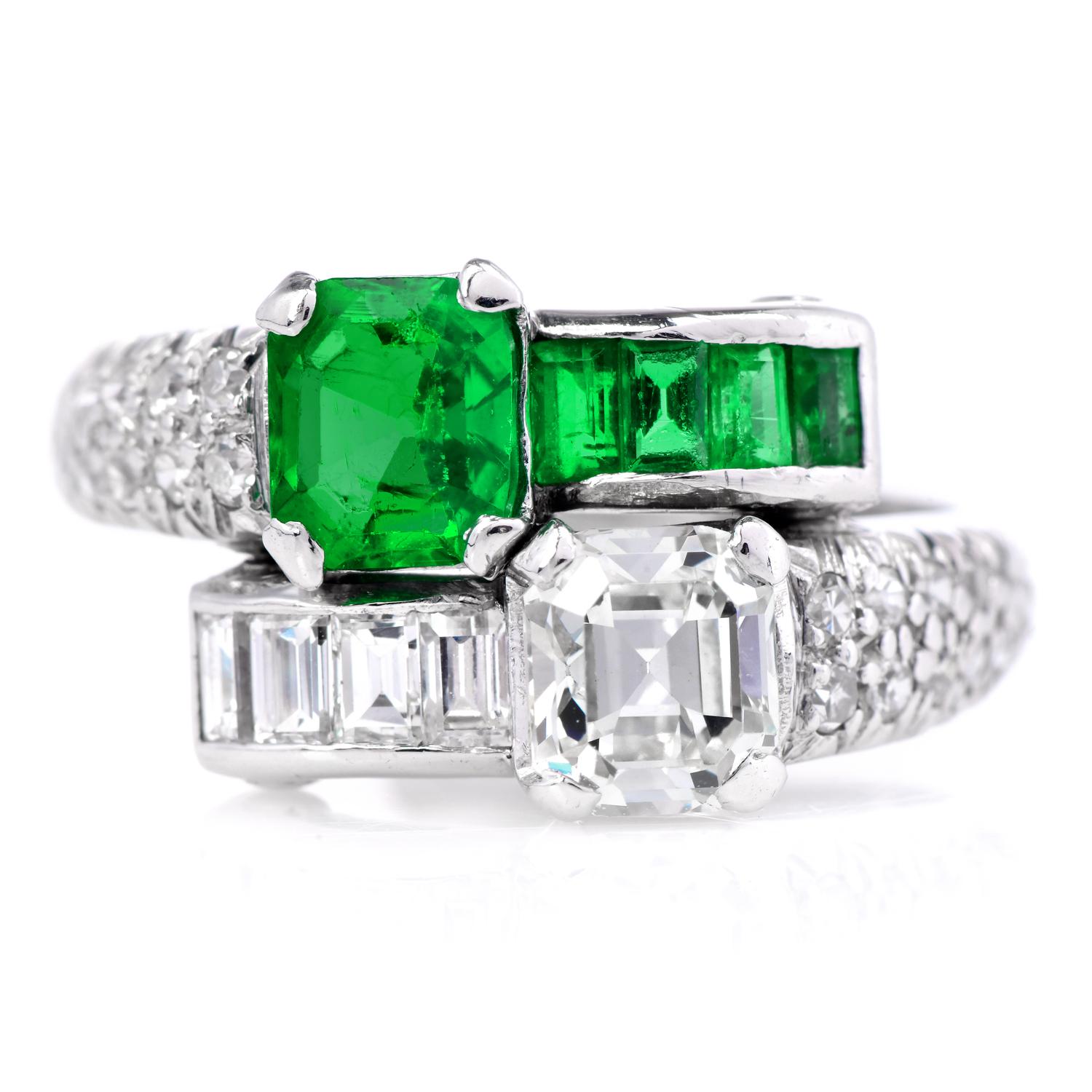 A very elegant Vintage Emerald and Diamond Bypass Engagement ring. Crafted in Platinum with Diamond and Emerald Accents on the band.
A beautiful Toi Et Moi-inspired Engagement ring.
The gorgeous Columbian Emerald in the center is certified by GIA