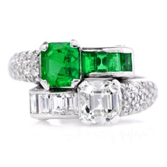 Vintage Diamond GIA Emerald Platinum Bypass Toi Et Moi Ring