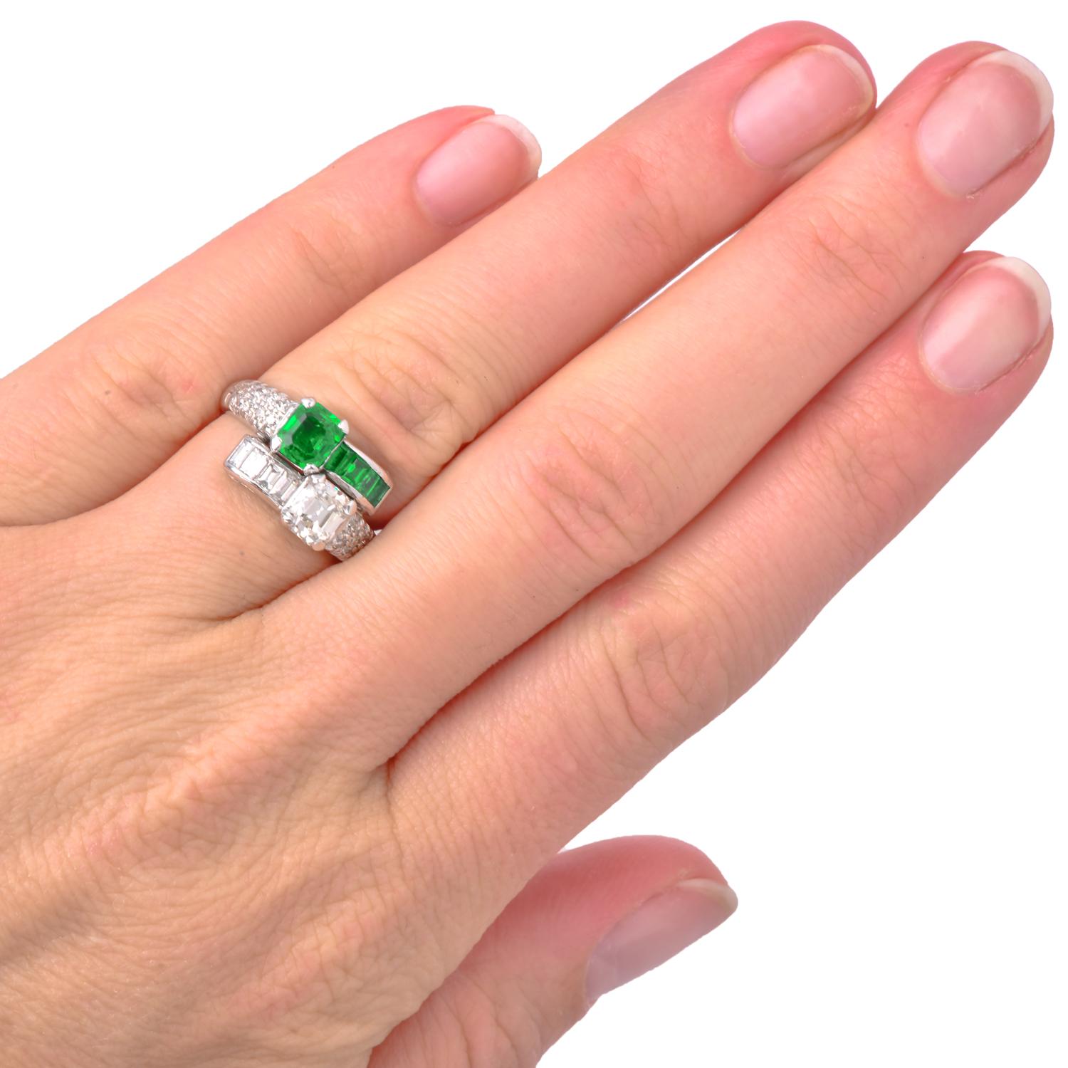 Art Deco Vintage Diamond GIA Emerald Platinum Bypass Toi Et Moi Ring  For Sale