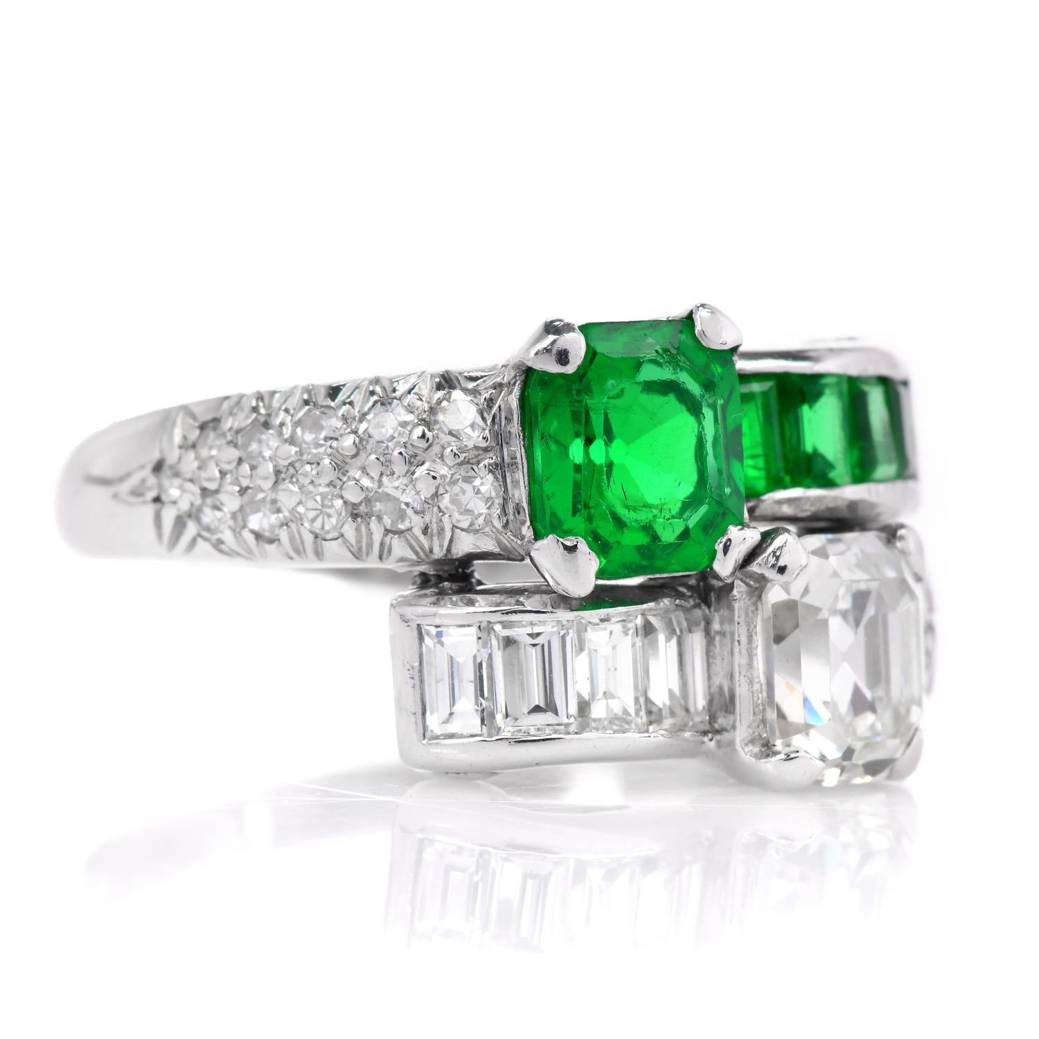 Emerald Cut Vintage Diamond GIA Emerald Platinum Bypass Toi Et Moi Ring  For Sale