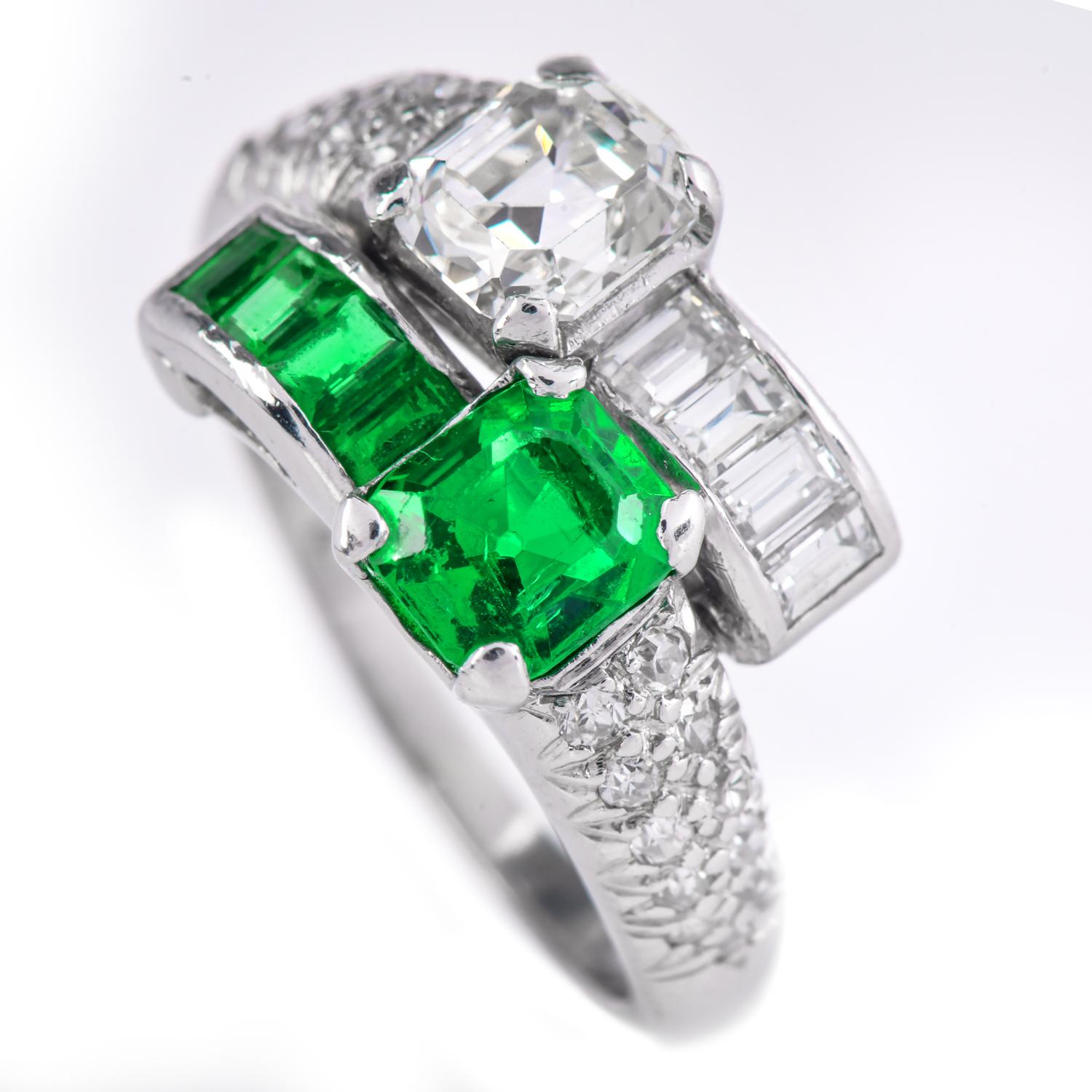 Vintage Diamond GIA Emerald Platinum Bypass Toi Et Moi Ring  In Excellent Condition For Sale In Miami, FL