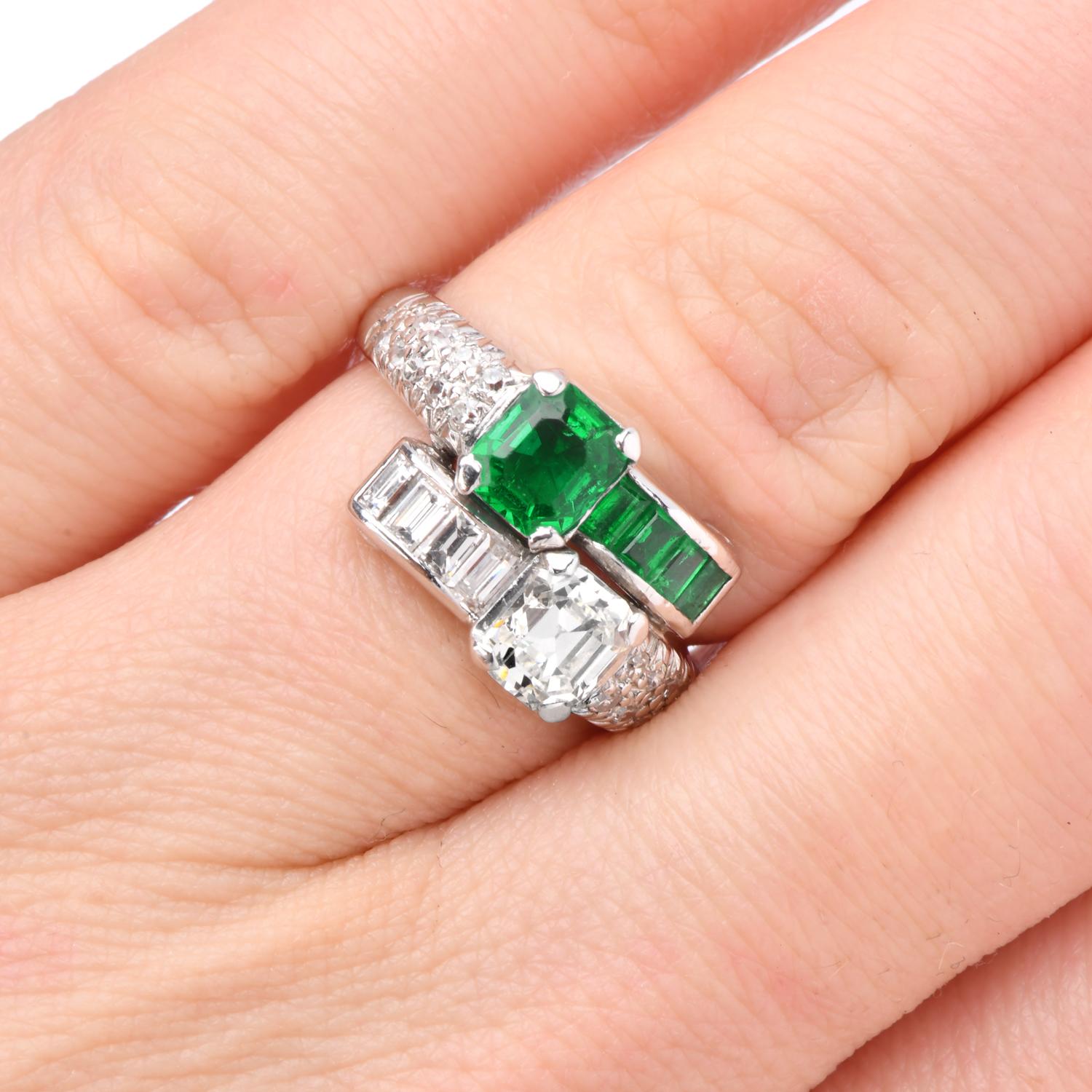 Women's Vintage Diamond GIA Emerald Platinum Bypass Toi Et Moi Ring  For Sale