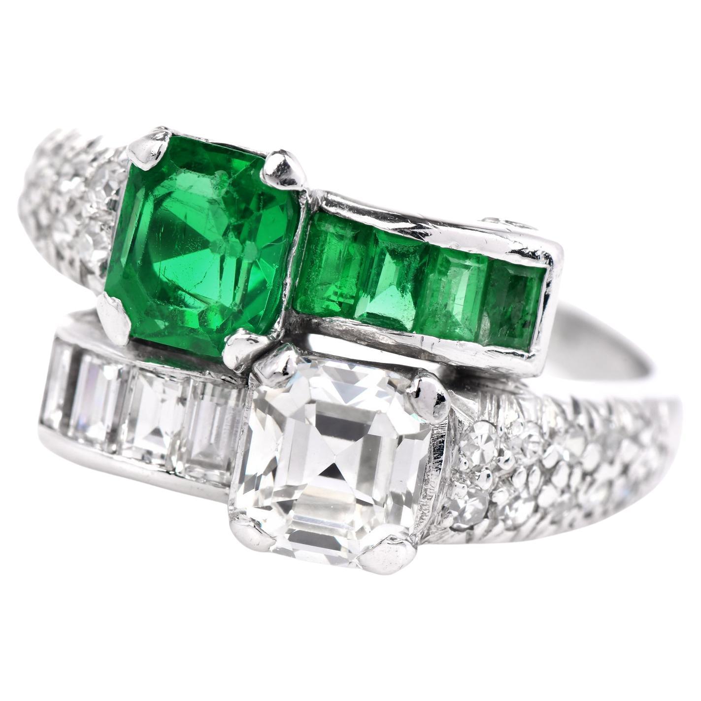 Vintage Diamond GIA Emerald Platinum Bypass Toi Et Moi Ring  For Sale