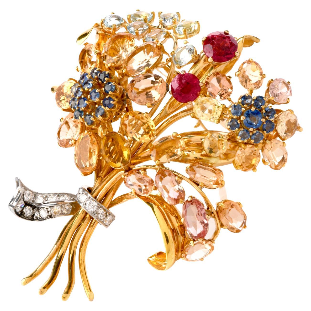 Summon fall into your life each day with this delightful Vintage Diamond & Multi Stone 18K Gold Flower Bouquet Clip. This lovely RetroVintage retro Diamond and multi-color sapphire 18K Gold Flower Bouquet Clip Brooch! 

This attractive brooch is