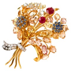 Vintage Diamond GIA Natural Sapphire 18K Gold Flower Bouquet Clip Brooch-pin