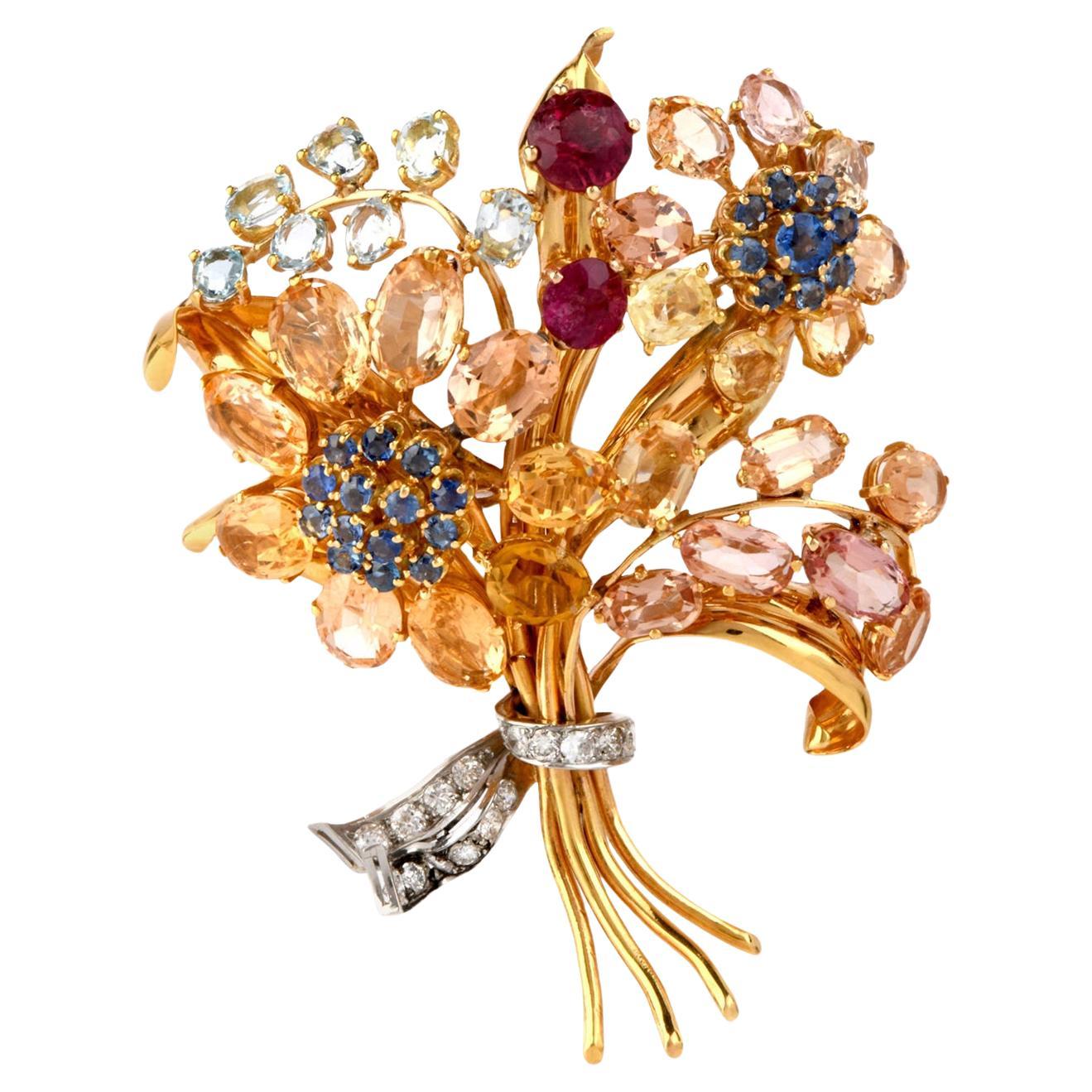 Blumenstrauß-Clip-Brosche/Anstecknadel, Vintage, Diamant GIA natürlicher Saphir 18K Gold