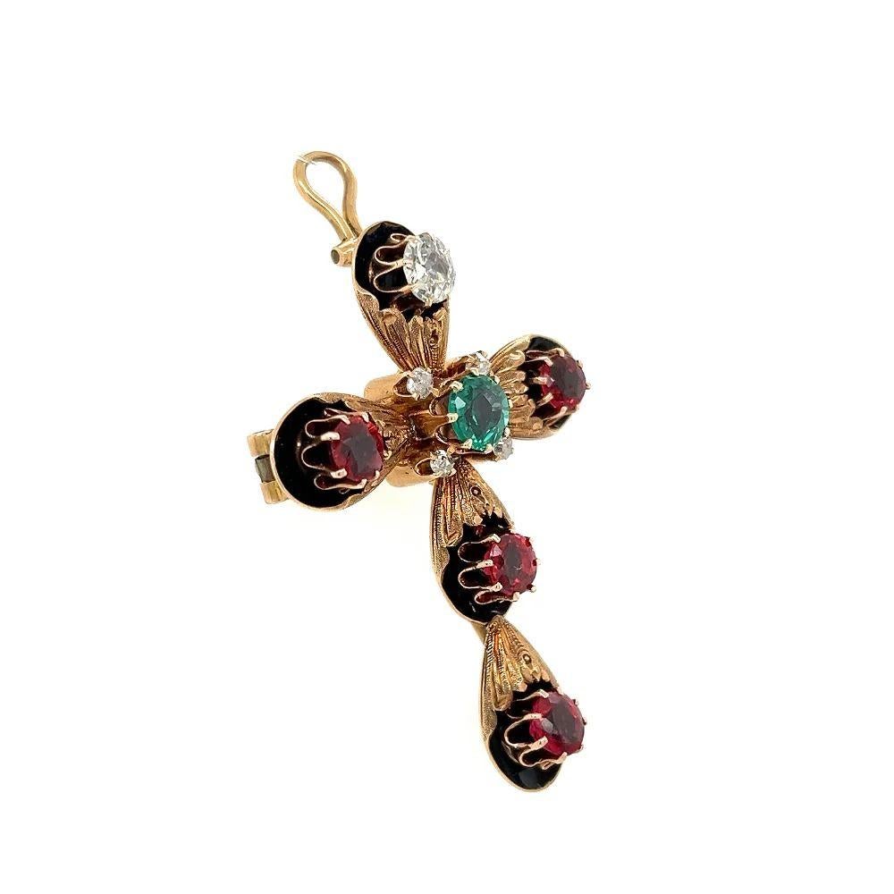Simply Beautiful! Finely Detailed Exquisite Victorian-era Cross Brooch Pendant. Securely Hand set with 0.75tcw Old Mine cut Diamonds, Glass Ruby Doublets and Green glass. Intricately Hand crafted in 15K Yellow Gold. The Cross measures approx. 2”