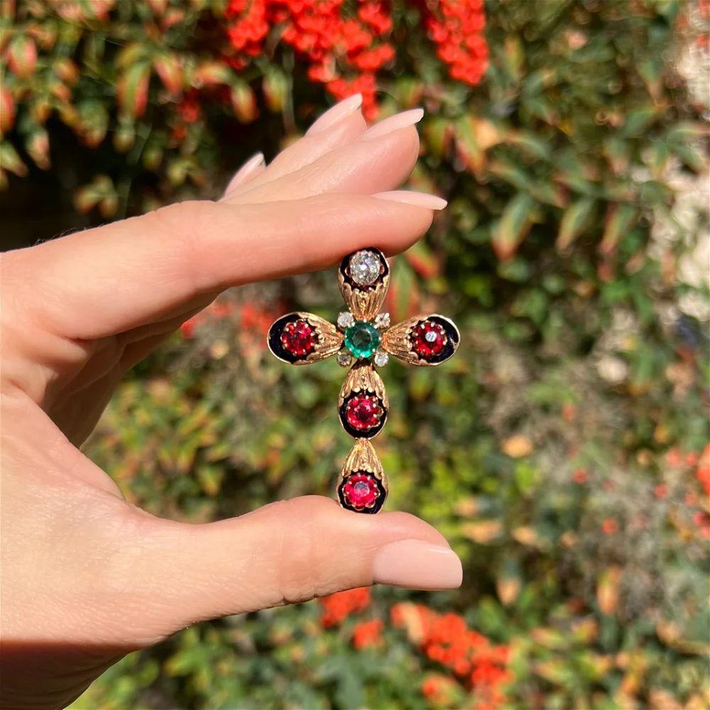 Victorian Vintage Diamond, Glass Ruby Doublets and Green Glass Gold Cross Pendant Brooch For Sale