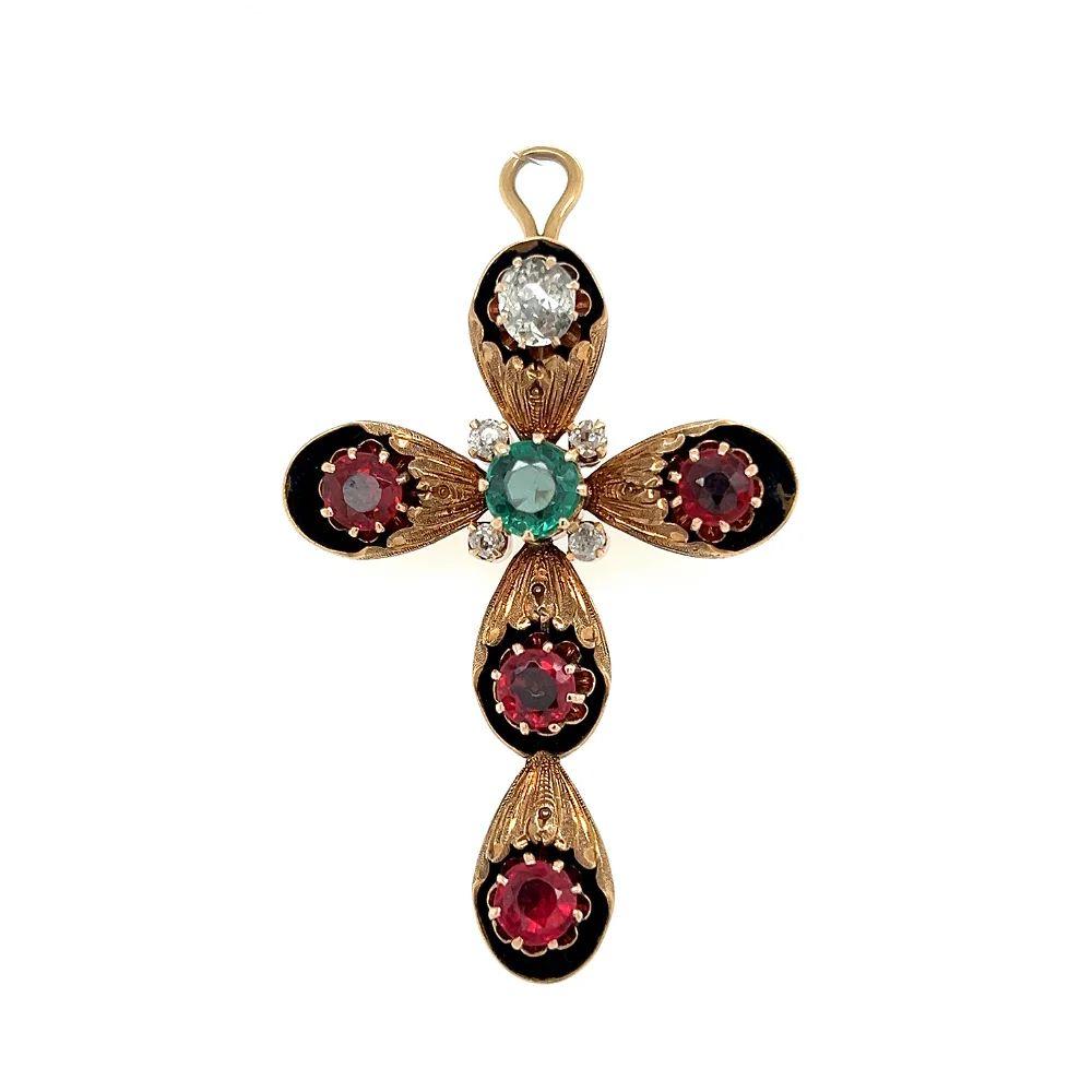 Old Mine Cut Vintage Diamond, Glass Ruby Doublets and Green Glass Gold Cross Pendant Brooch For Sale