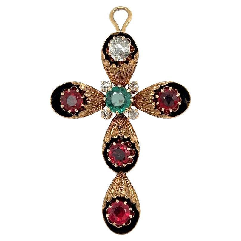 Vintage Diamond, Glass Ruby Doublets and Green Glass Gold Cross Pendant Brooch For Sale