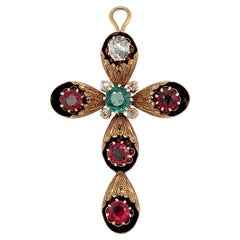 Vintage Diamond, Glass Ruby Doublets and Green Glass Gold Cross Pendant Brooch