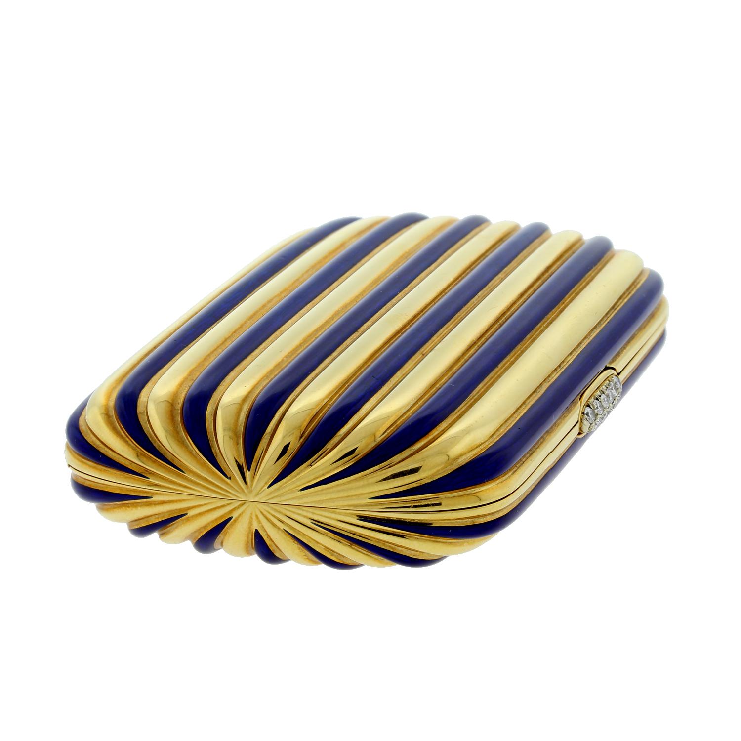 Vintage Diamond Gold Blue Enamel Stripes Mirrored Powder Compact im Zustand „Hervorragend“ in Beverly Hills, CA