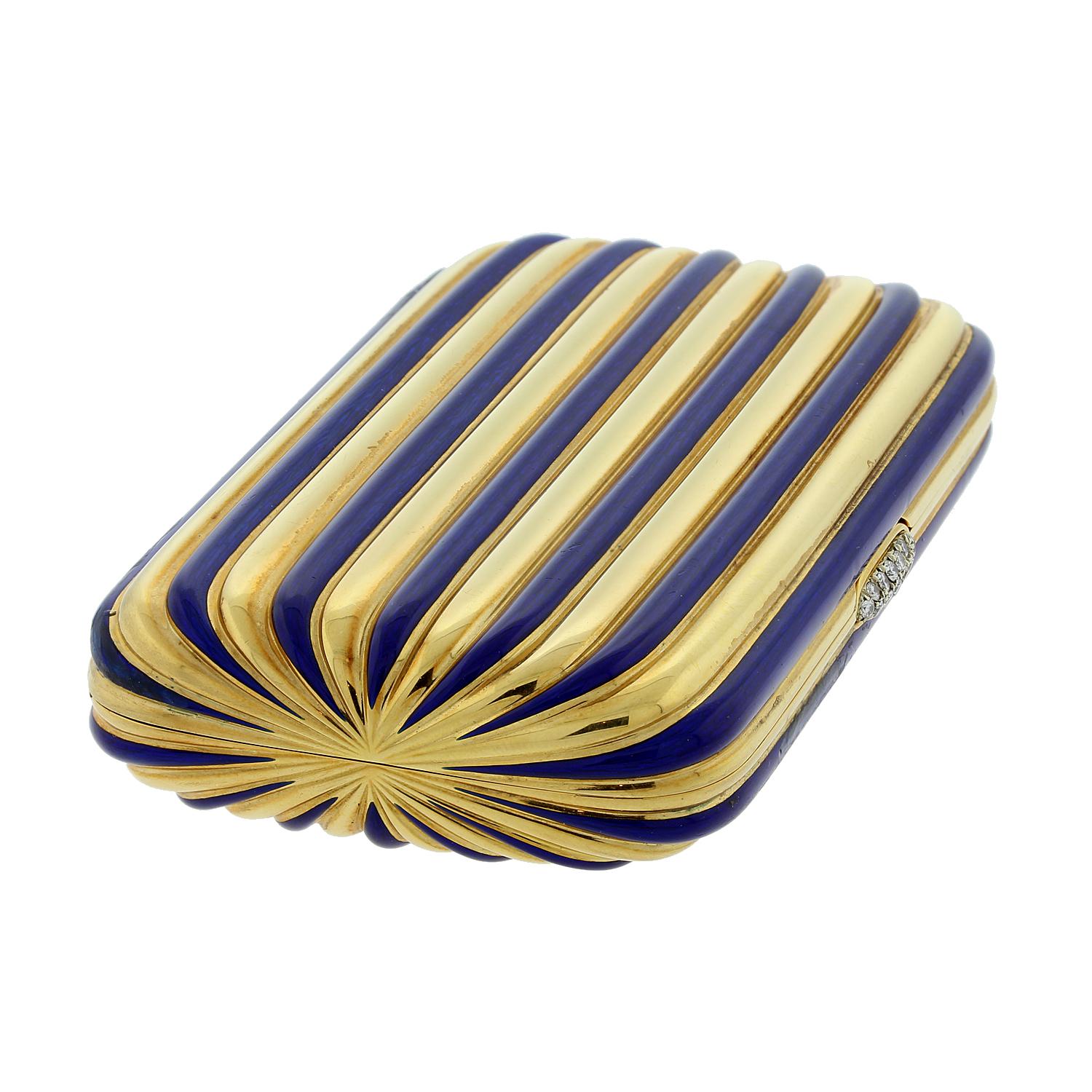 Vintage Diamond Gold Blue Enamel Stripes Multi-Use Case Compact In Excellent Condition For Sale In Beverly Hills, CA