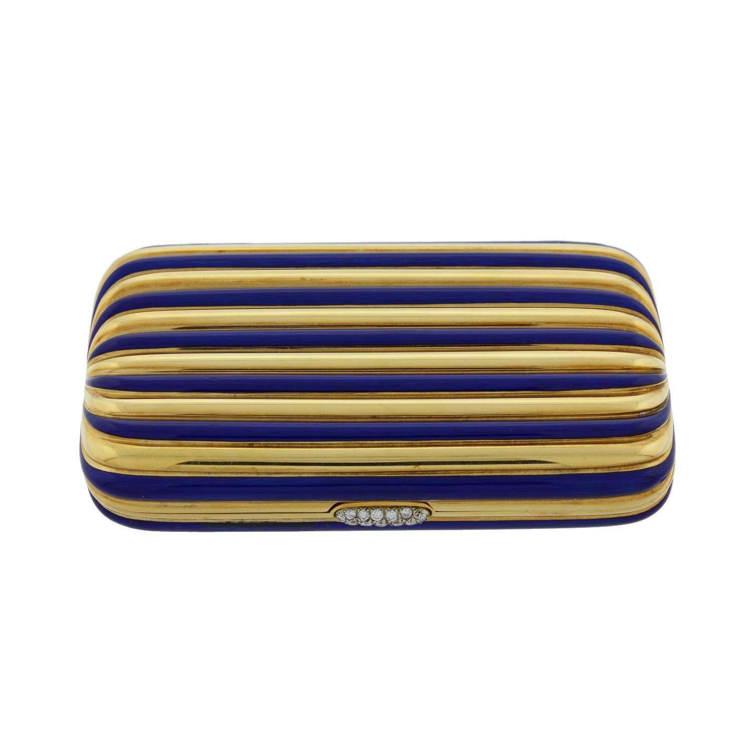 Women's Vintage Diamond Gold Blue Enamel Stripes Multi-Use Case Compact For Sale