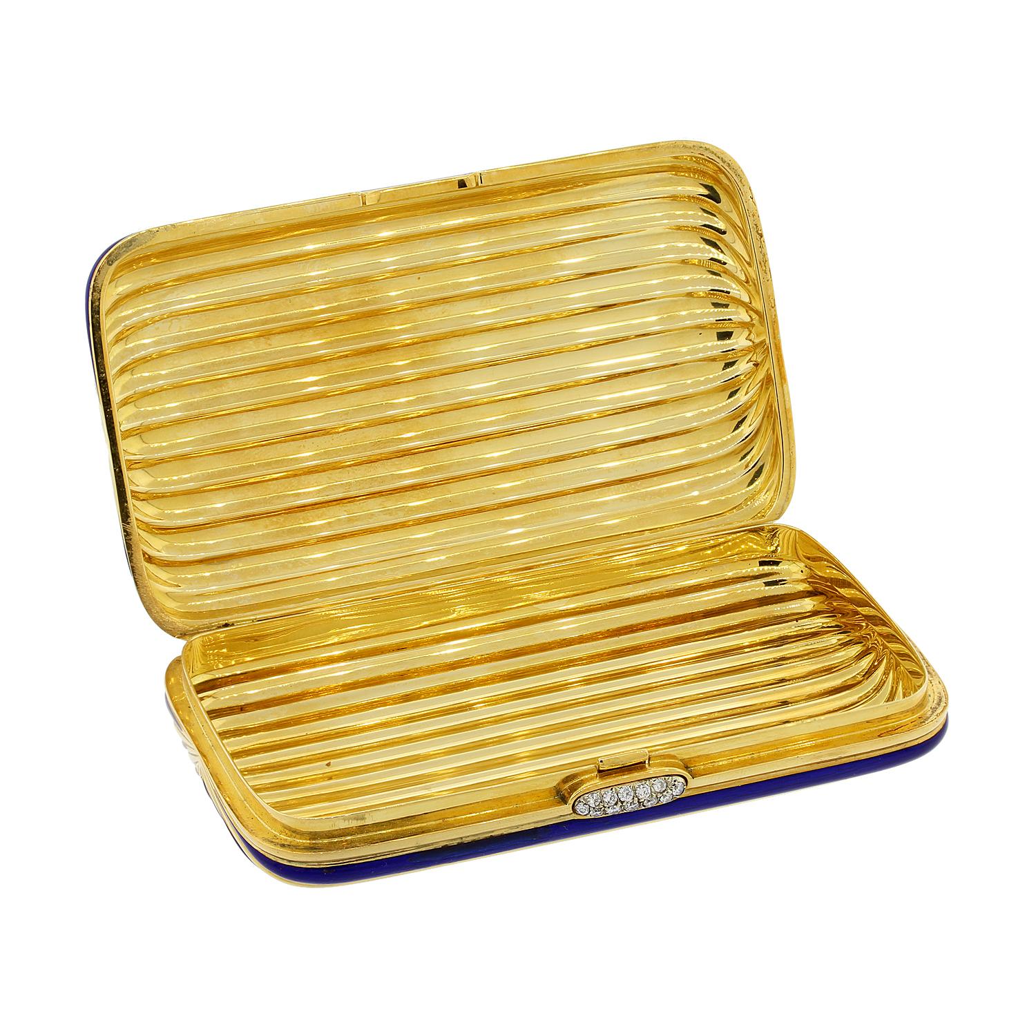Vintage Diamond Gold Blue Enamel Stripes Multi-Use Case Compact For Sale