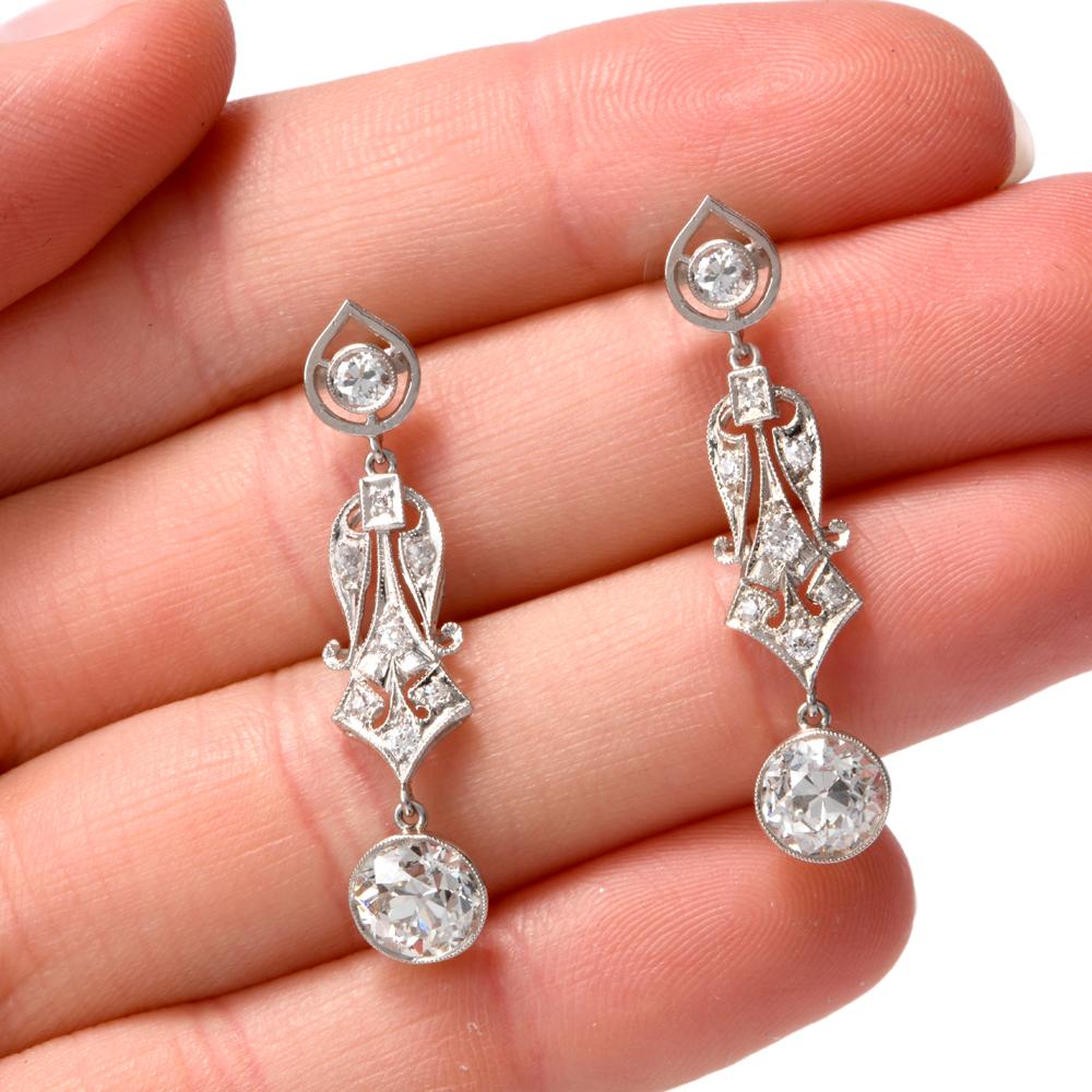 Art Deco Vintage 3.47cts Large European Diamond Gold Dangle Drop Earrings For Sale