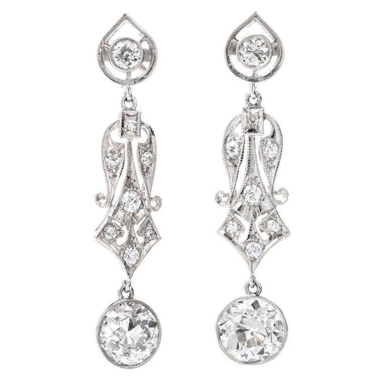 Vintage 3.47cts Large European Diamond Gold Dangle Drop Earrings For