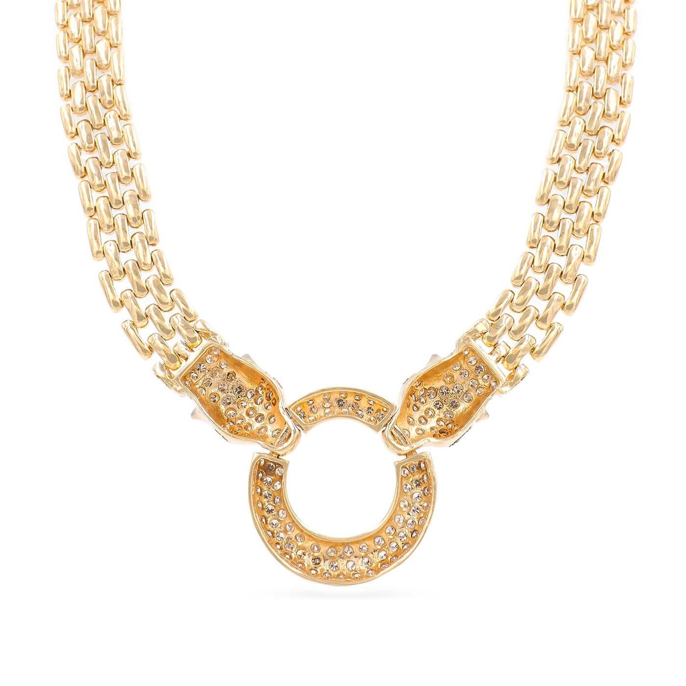 Vintage Diamond & Gold Panthère-Style Necklace composed of 14k yellow gold. With a diamond-set circle flanked by two 3D panther heads, also set with diamonds. Total diamond carat weight is 2.75 carats. With 'Panthère' style links. Measuring