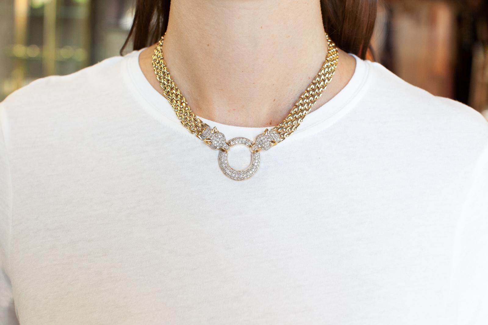 Vintage Diamond & Gold Panthère-Style Necklace In Excellent Condition In Los Angeles, CA