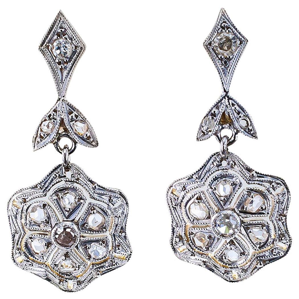 Vintage Diamond Gold Platinum Drop Earrings