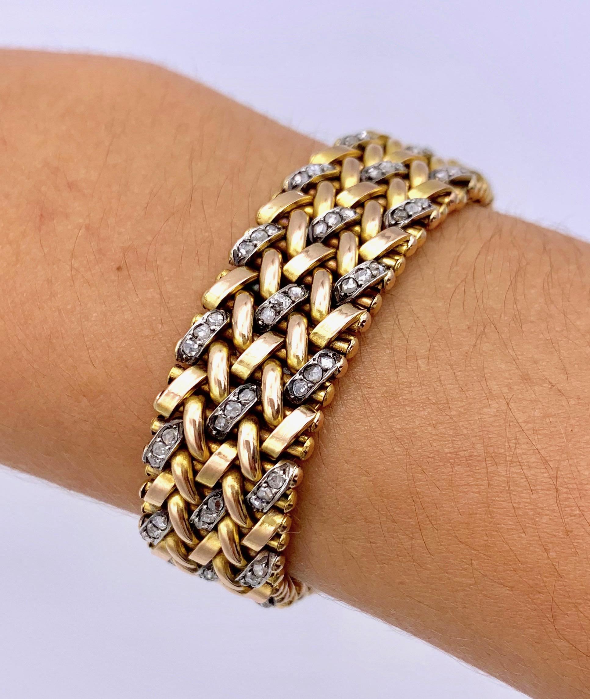 Vintage Mid-Century Diamond Red Yellow Gold Silver Flexible Link Bracelet   In Excellent Condition For Sale In Munich, Bavaria