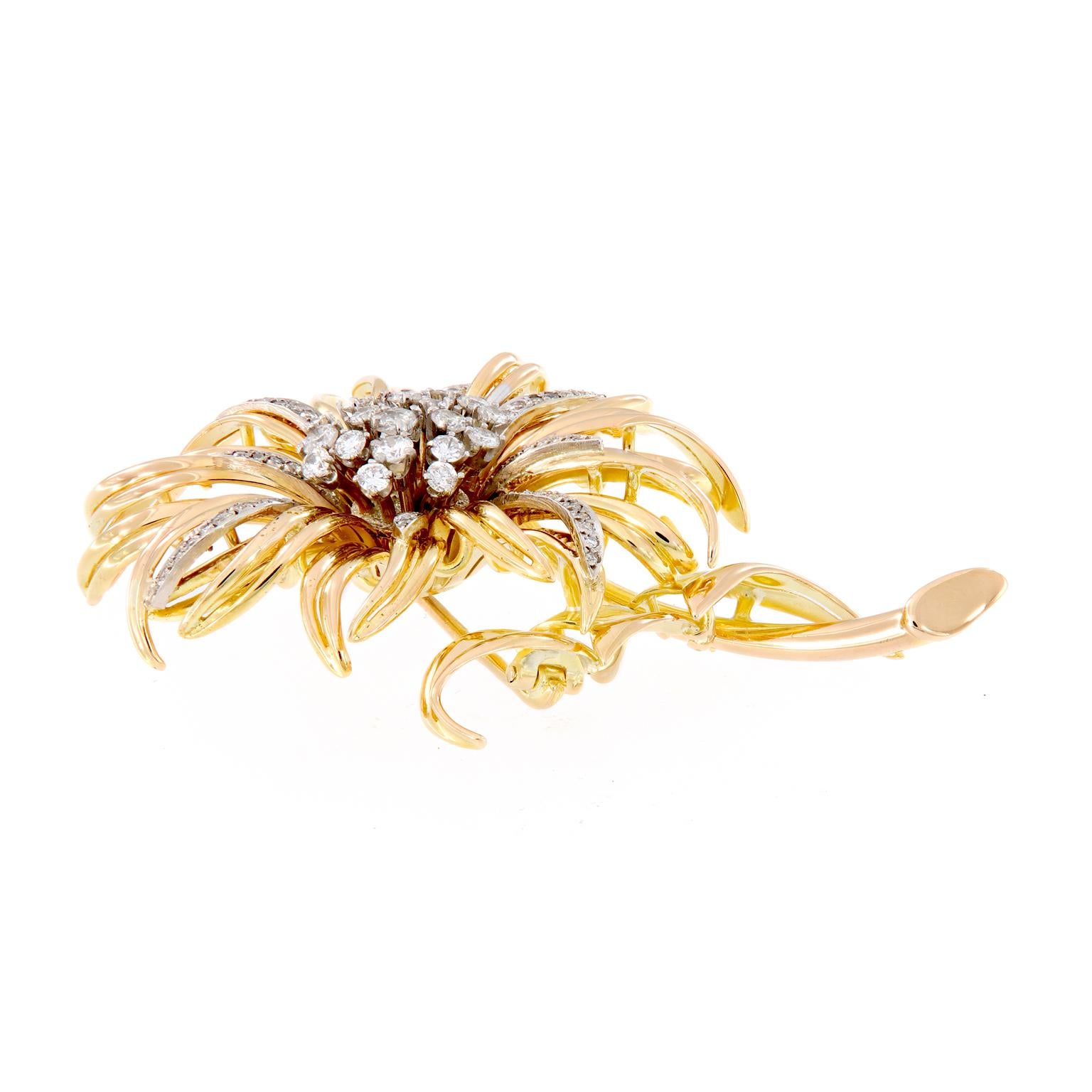 Pretty Intricate sunflower design crafted in 18k yellow gold accented with almost two carats of single and full-cut diamonds. This estate brooch is in like-new condidtion. Weigh 26.8 grams

Diamonds 1.85 cttw, SI-I1, GH