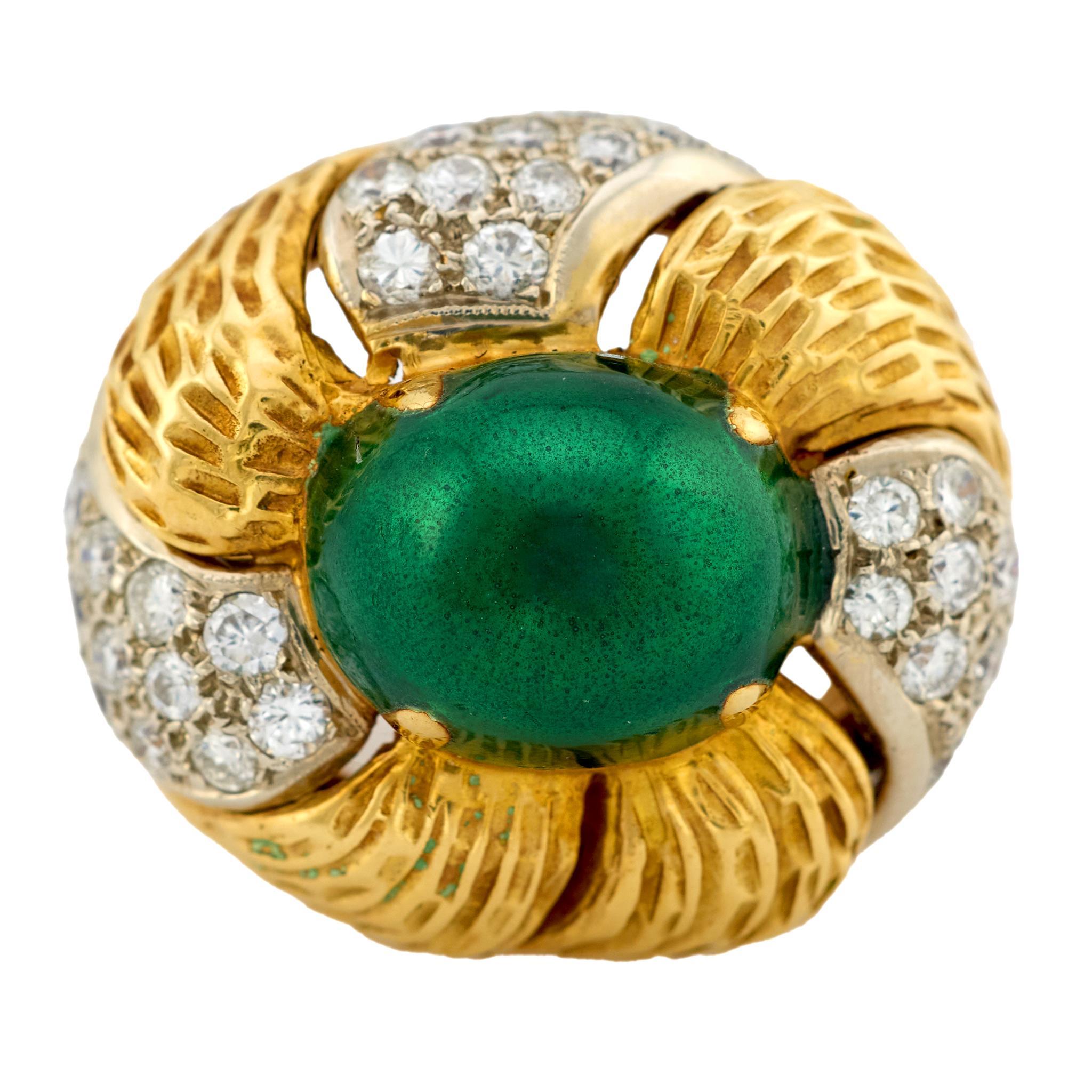 Contemporary Vintage diamond green enamel 18k yellow gold cocktail ring For Sale