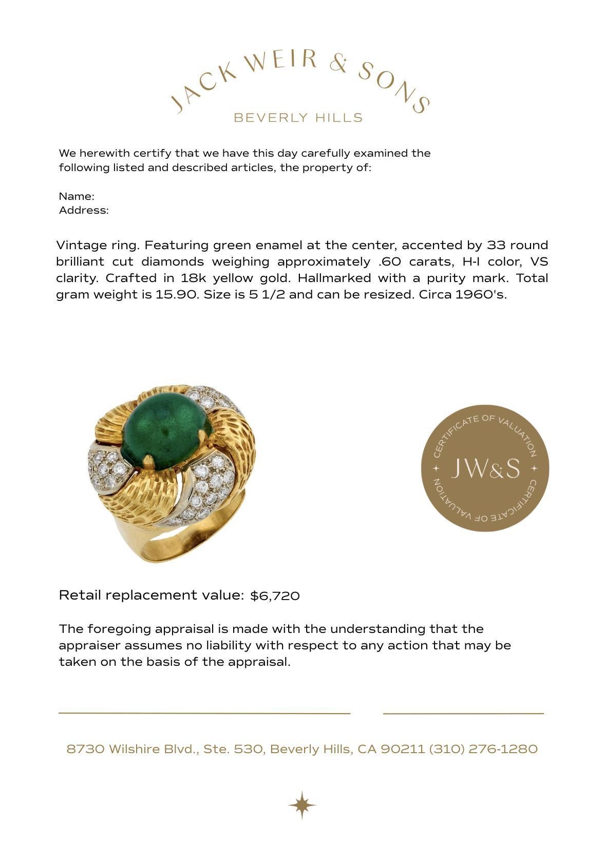 Women's Vintage diamond green enamel 18k yellow gold cocktail ring For Sale