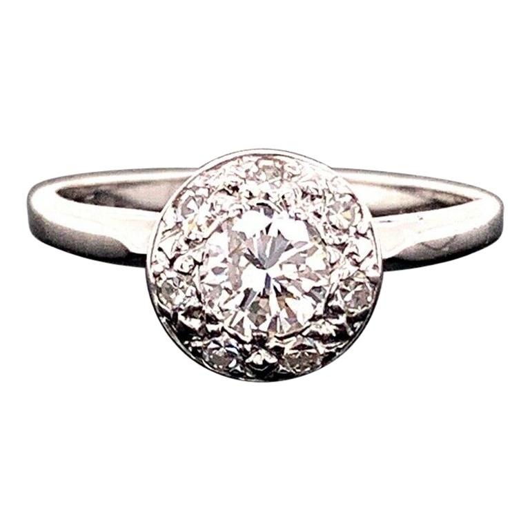 Vintage Diamond Halo Engagement Ring 14 Karat White Gold