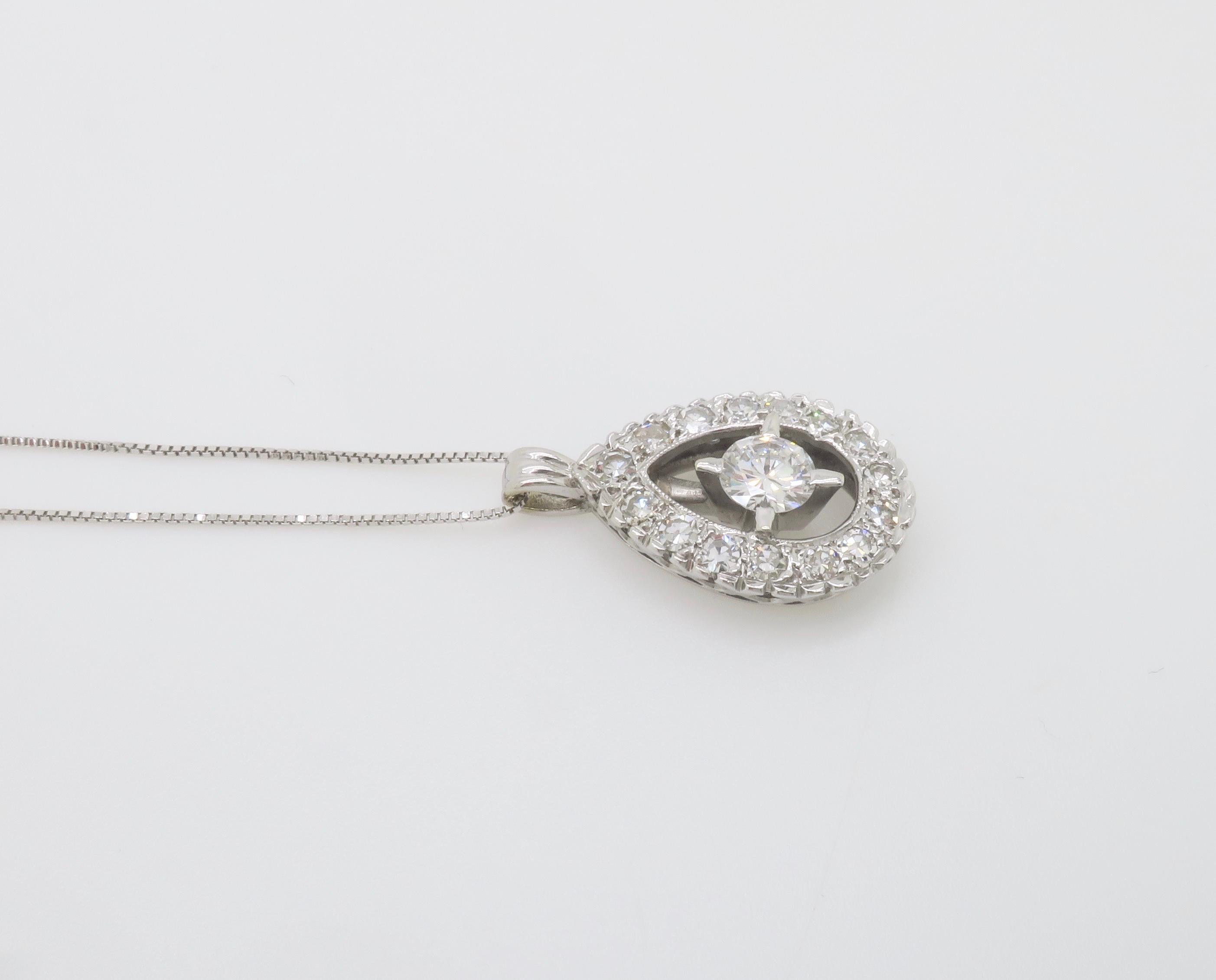 Vintage Diamond Halo Pendant Necklace For Sale 2
