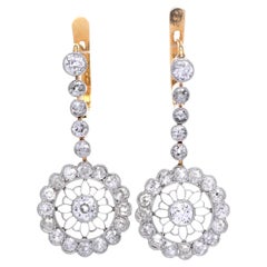 Vintage Diamond Halo Platinum Gold Dangle Earrings
