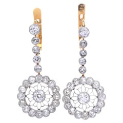 Antique Diamond Halo Platinum Gold Dangle Earrings