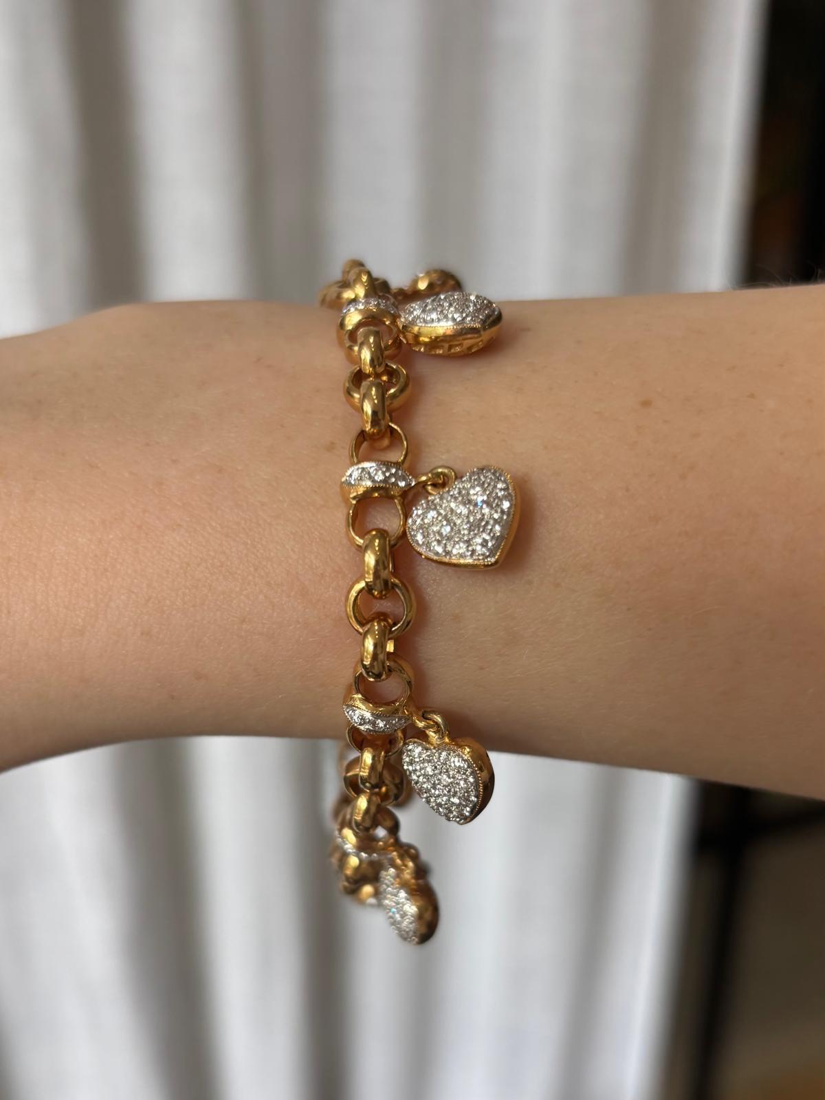 Vintage Diamond Heart Link Bracelet in 18k Rose and White Gold Moderno en venta