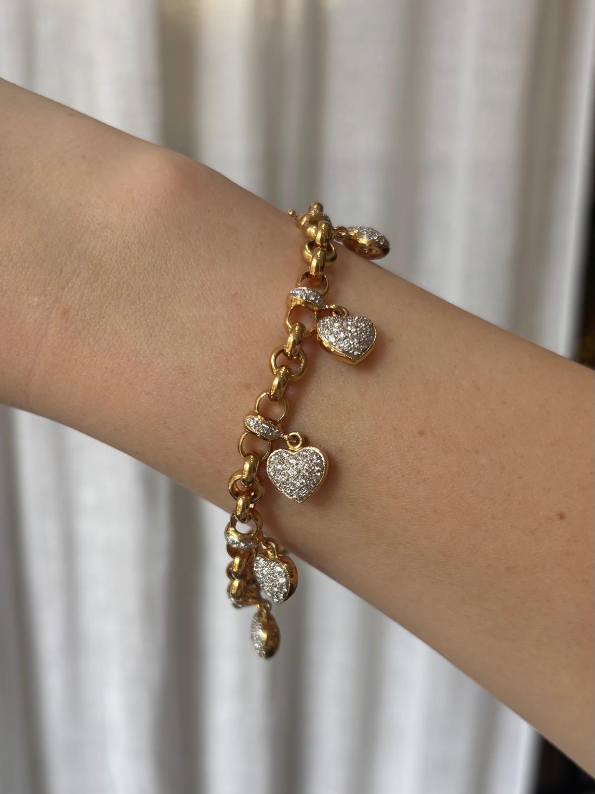 Vintage Diamond Heart Link Bracelet in 18k Rose and White Gold en venta 1