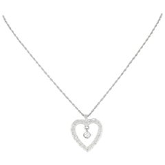 Vintage Diamond Heart Pendant Necklace 14 Karat White Gold European .78 Carat