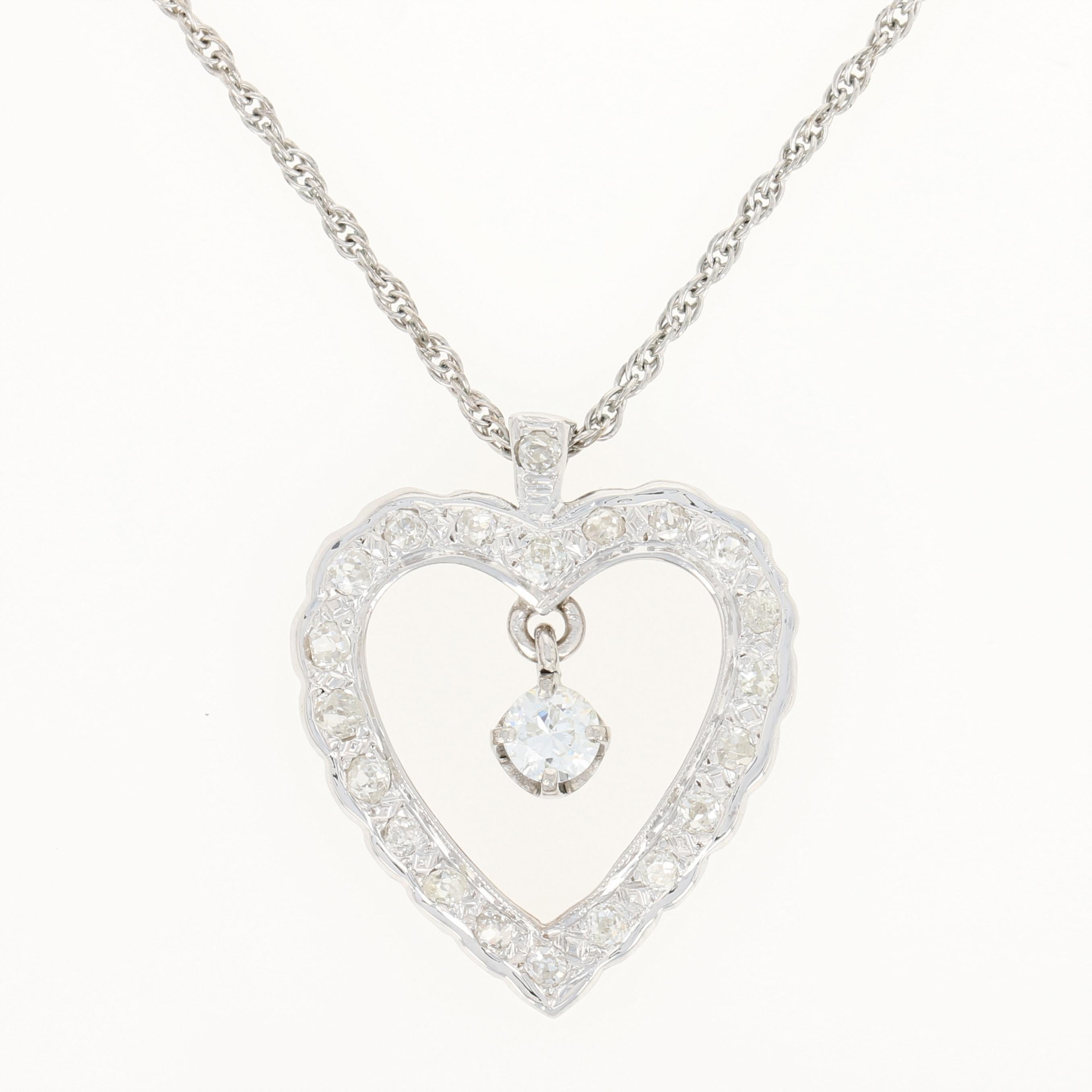 Vintage Diamond Heart Pendant Necklace 14 Karat White Gold European .78 Carat In Excellent Condition In Greensboro, NC