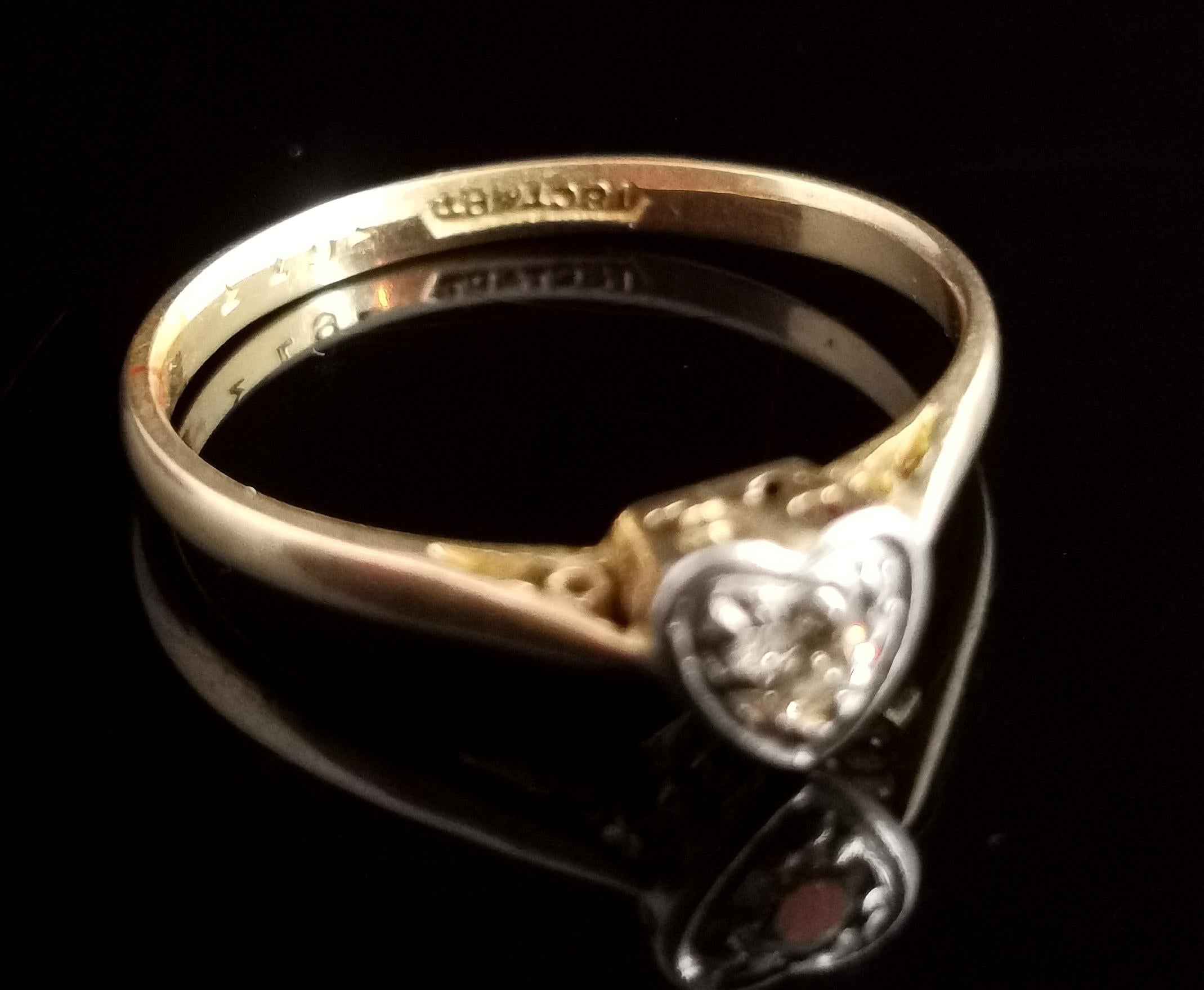 Vintage Diamond Heart Ring, 18 Karat Yellow Gold and Platinum For Sale 2