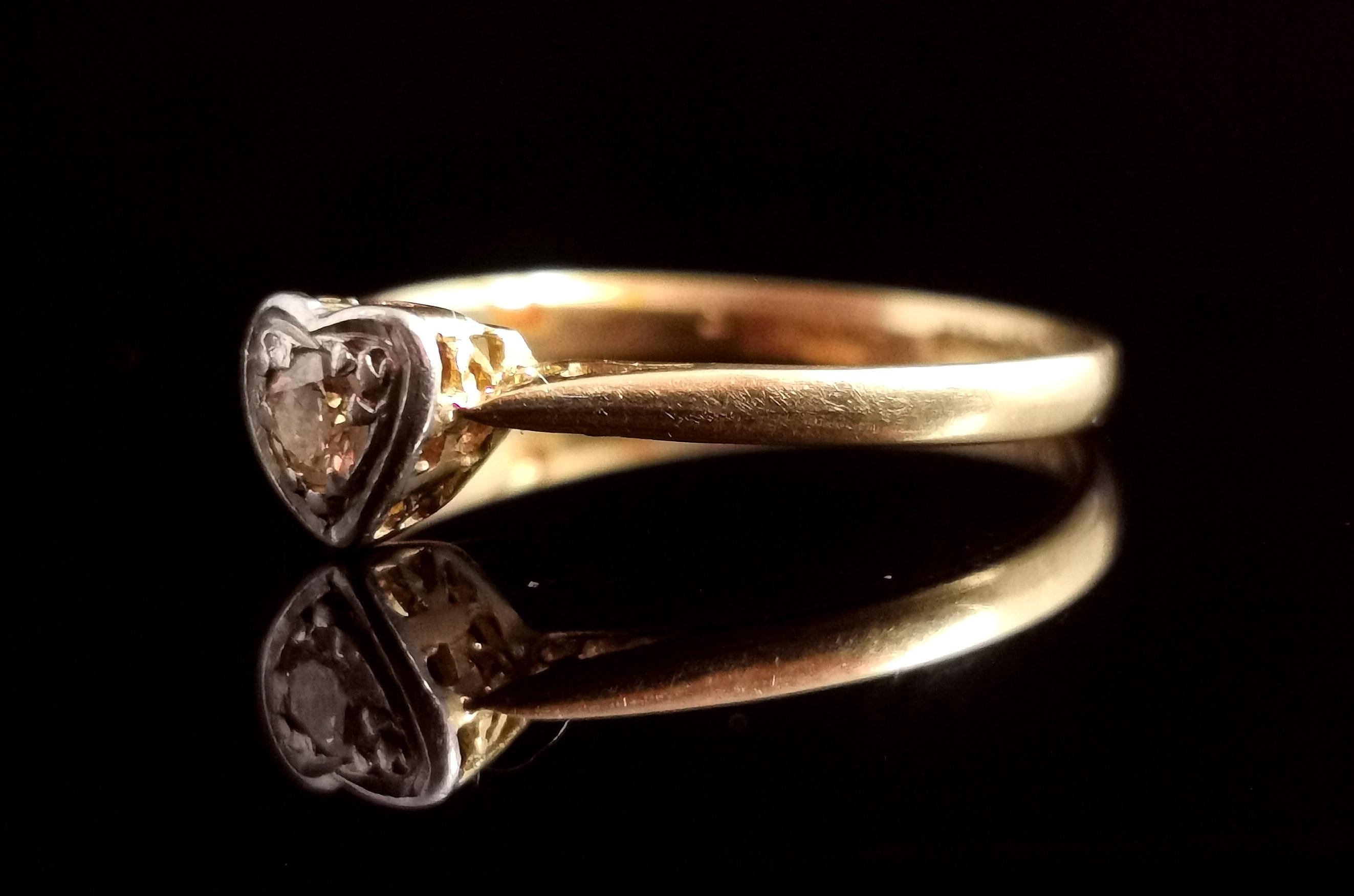 Vintage Diamond Heart Ring, 18 Karat Yellow Gold and Platinum For Sale 4