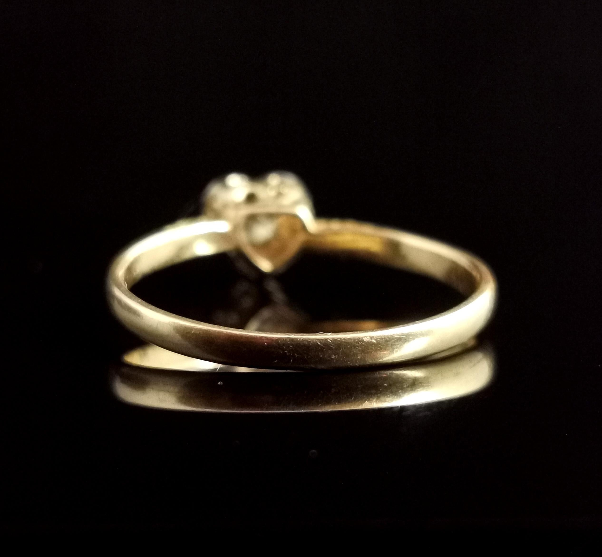 Brilliant Cut Vintage Diamond Heart Ring, 18 Karat Yellow Gold and Platinum For Sale