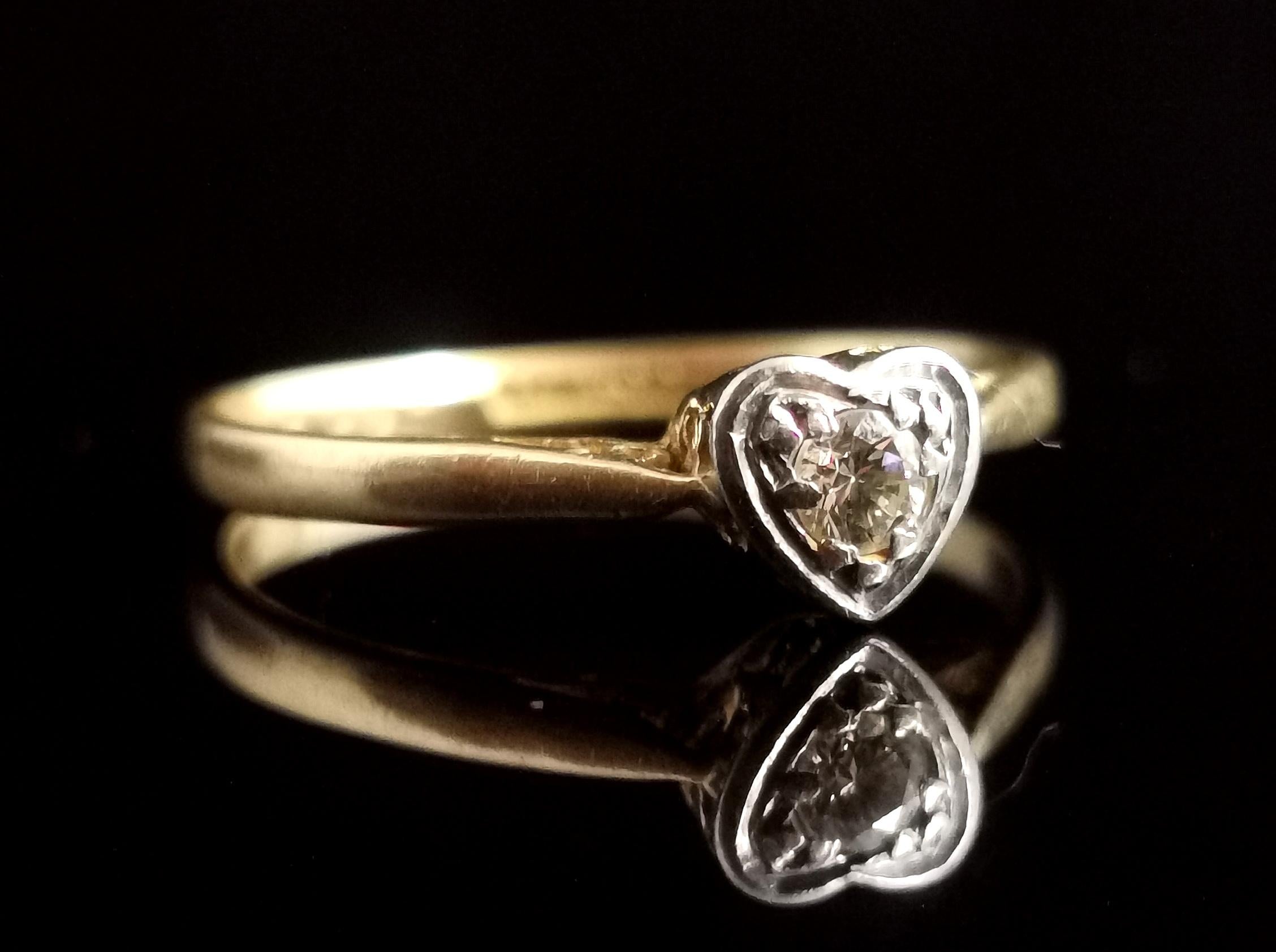 Women's Vintage Diamond Heart Ring, 18 Karat Yellow Gold and Platinum For Sale