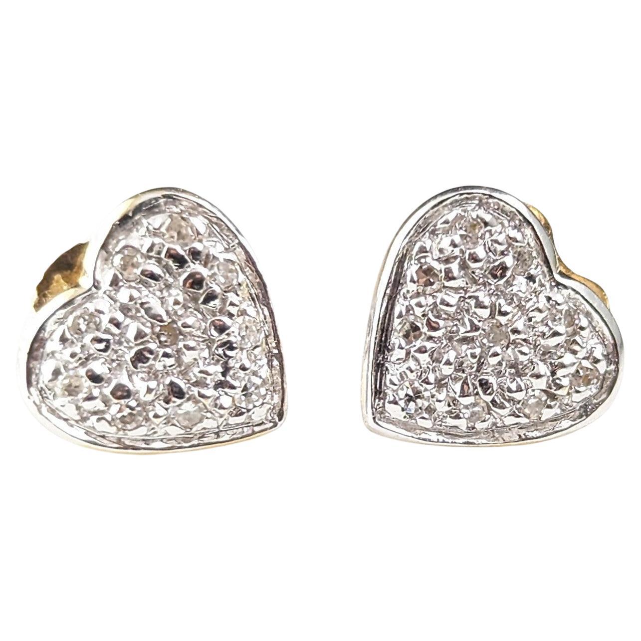 Vintage Diamond heart stud earrings, 9kt gold  For Sale