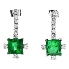 Vintage Diamond GIA Colombian Emerald Platinum Dangle Earrings